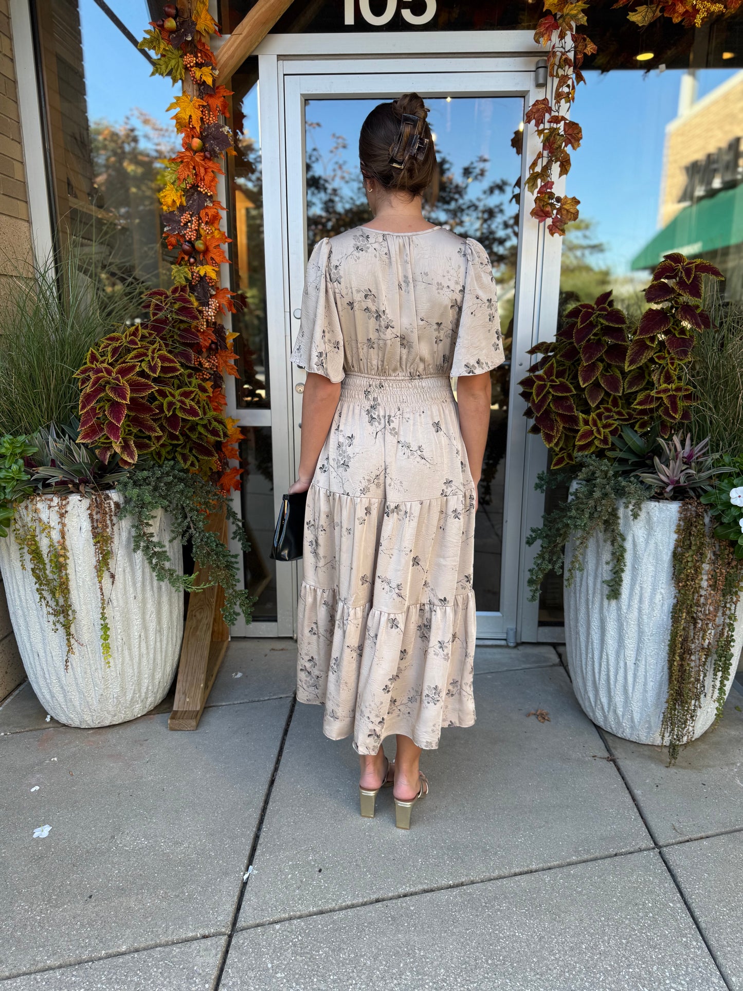 Beige Dainty Floral Embroidered Midi Dress