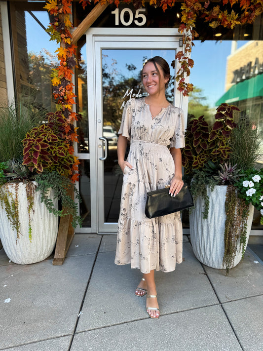 Beige Dainty Floral Embroidered Midi Dress
