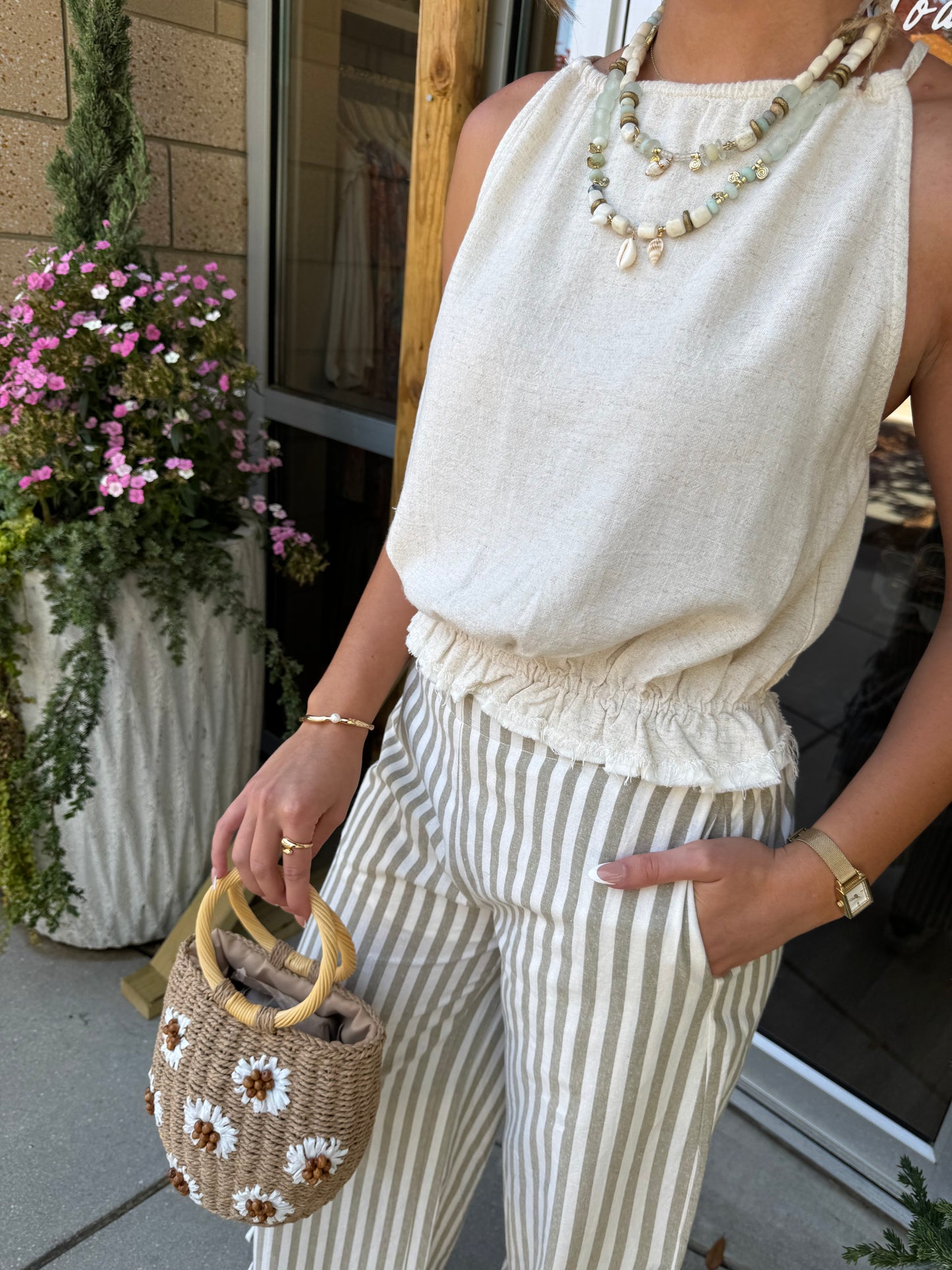 Mixed Stripe Tie Detail Pants