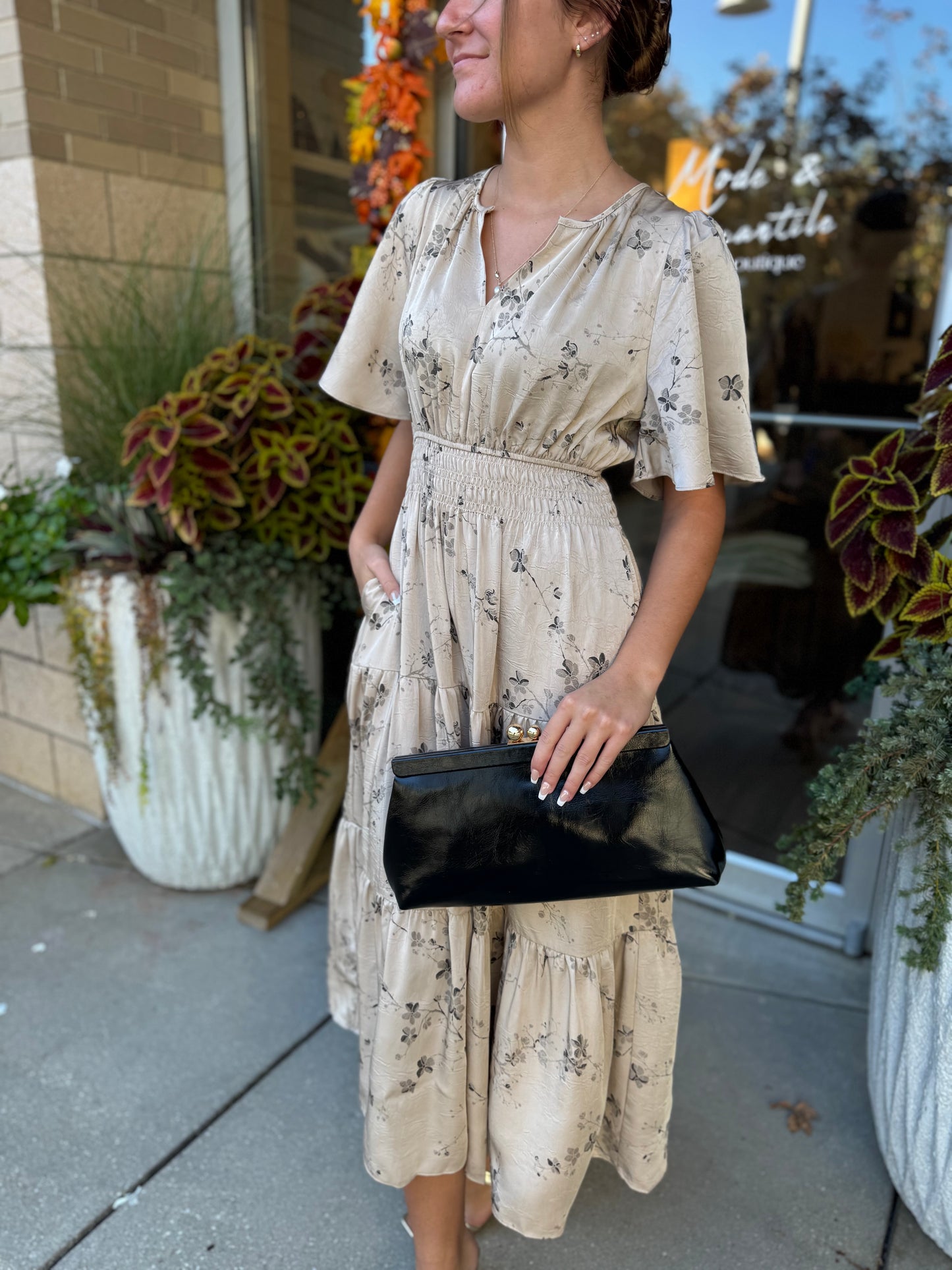 Beige Dainty Floral Embroidered Midi Dress