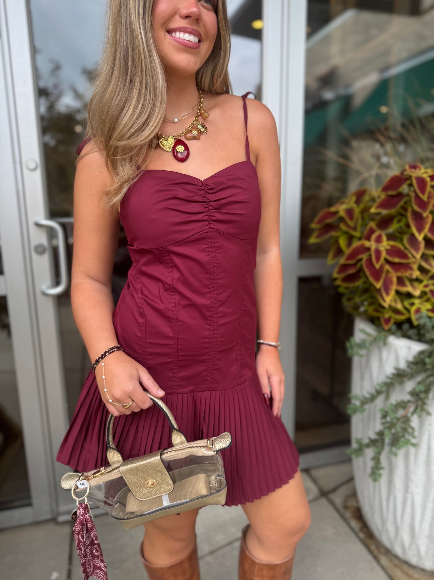 Tie Shoulder Pleated Dress