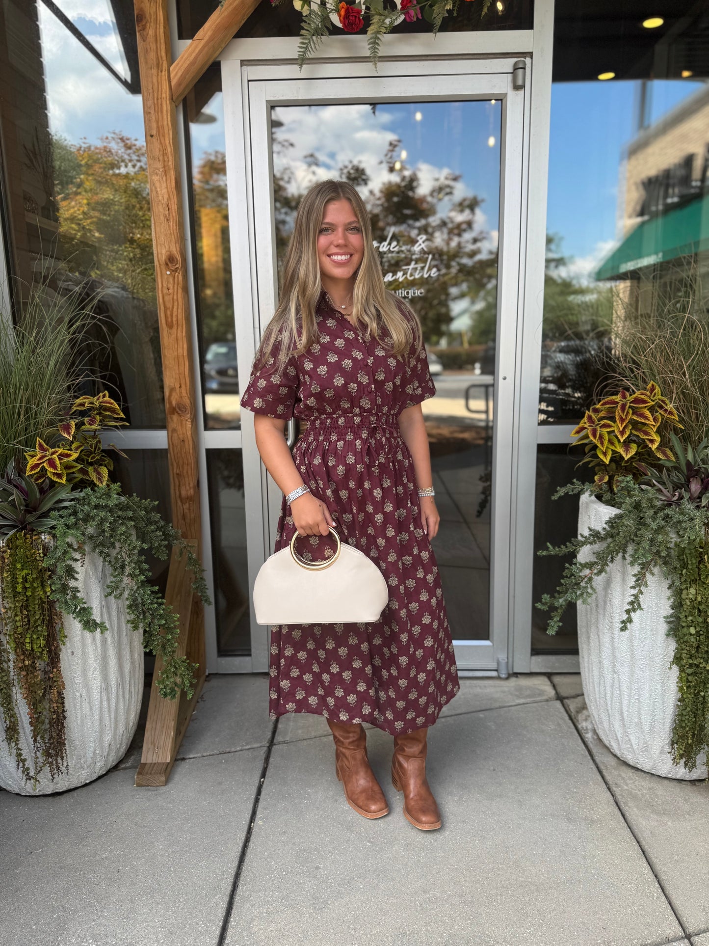 Maroon Print Midi Dress