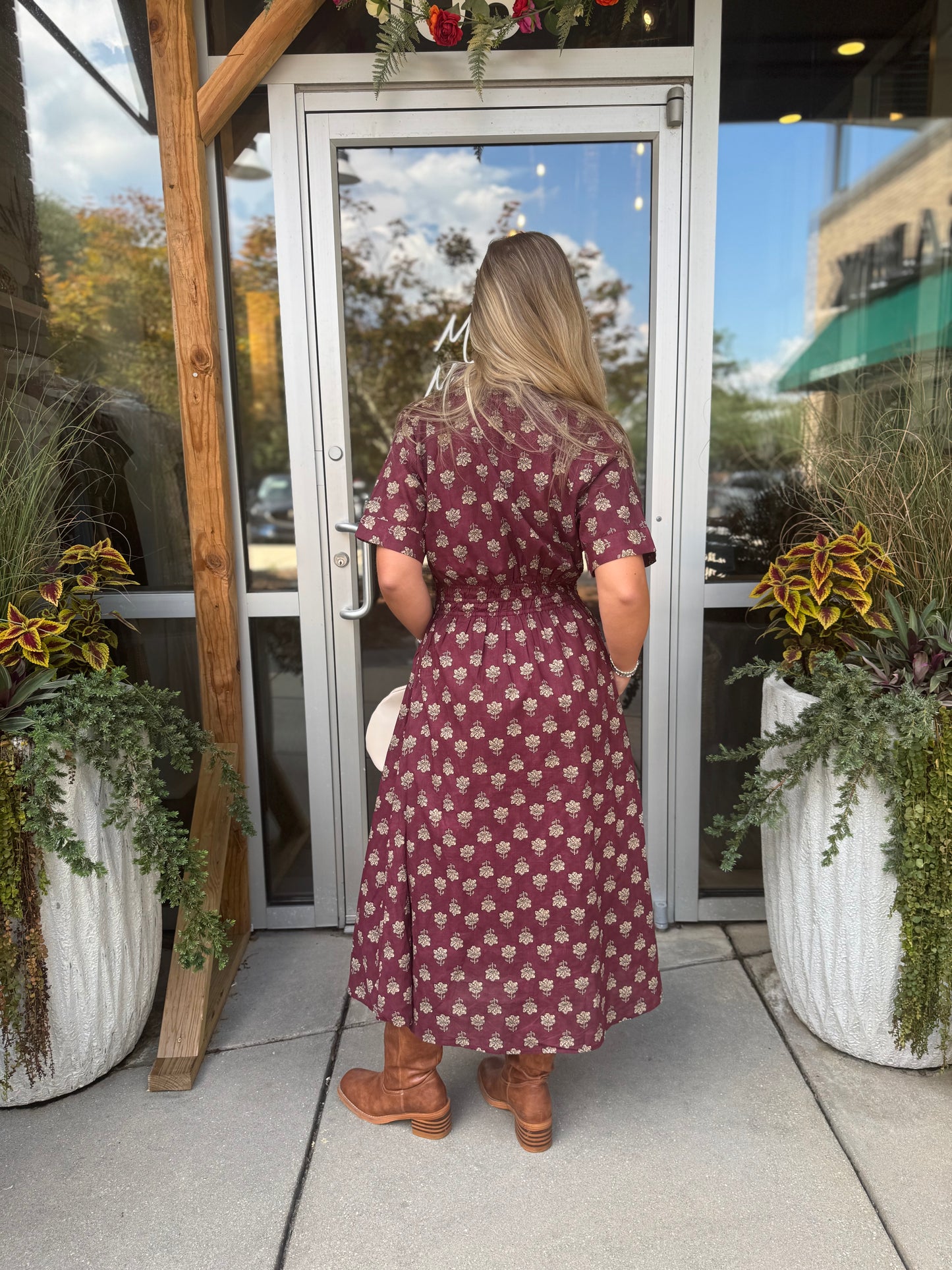 Maroon Print Midi Dress