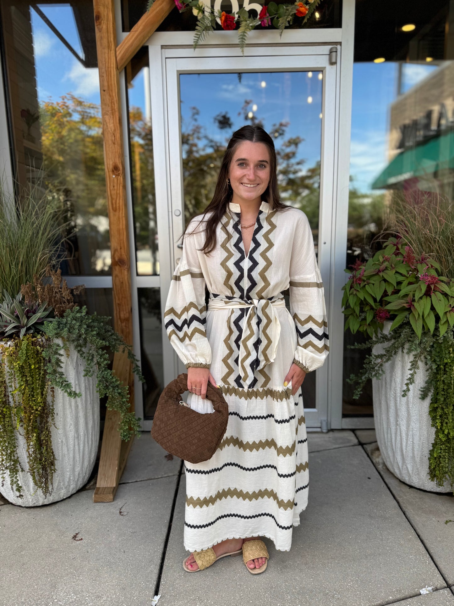 Split Neck Embroidered Midi Dress