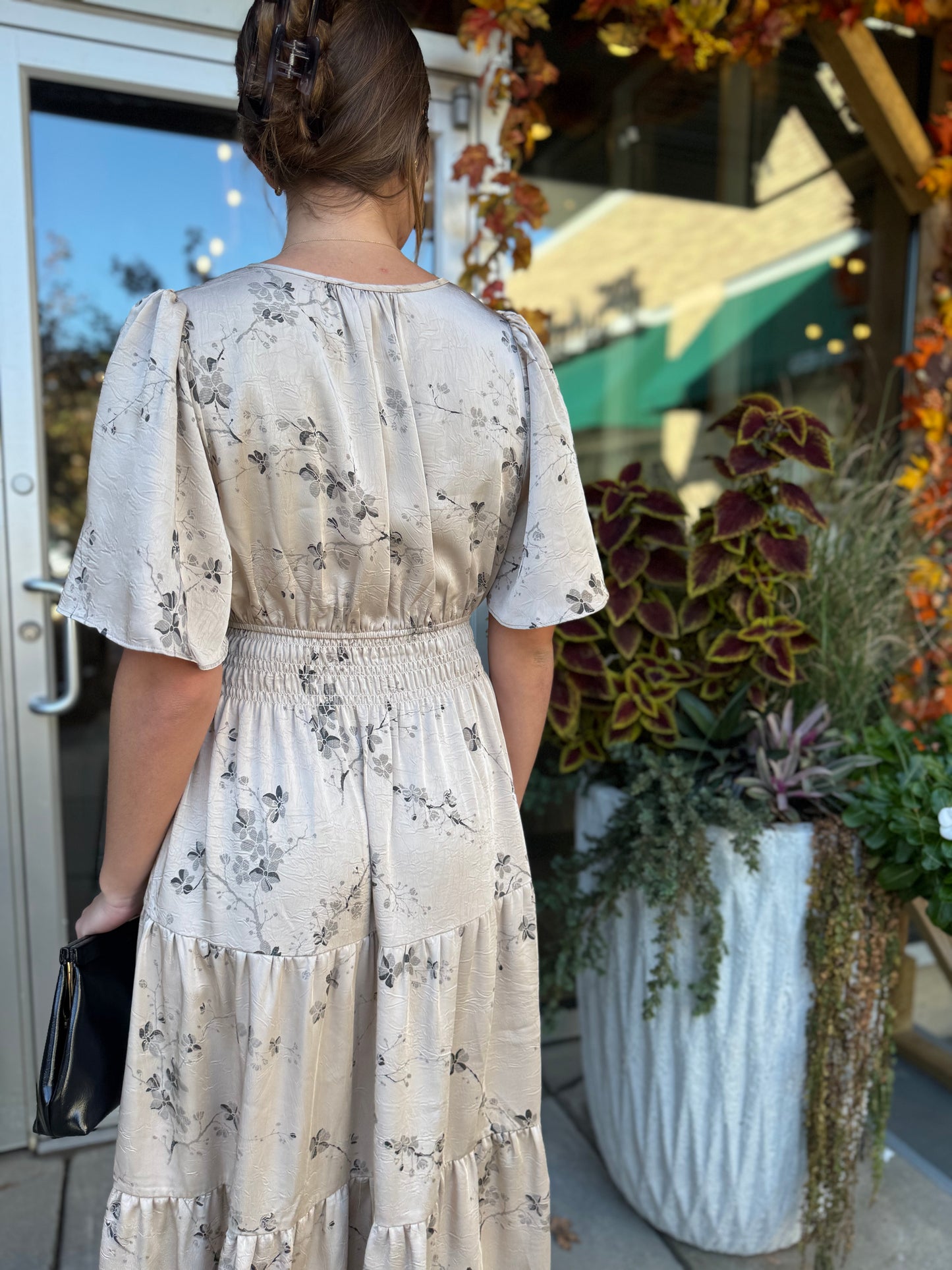 Beige Dainty Floral Embroidered Midi Dress