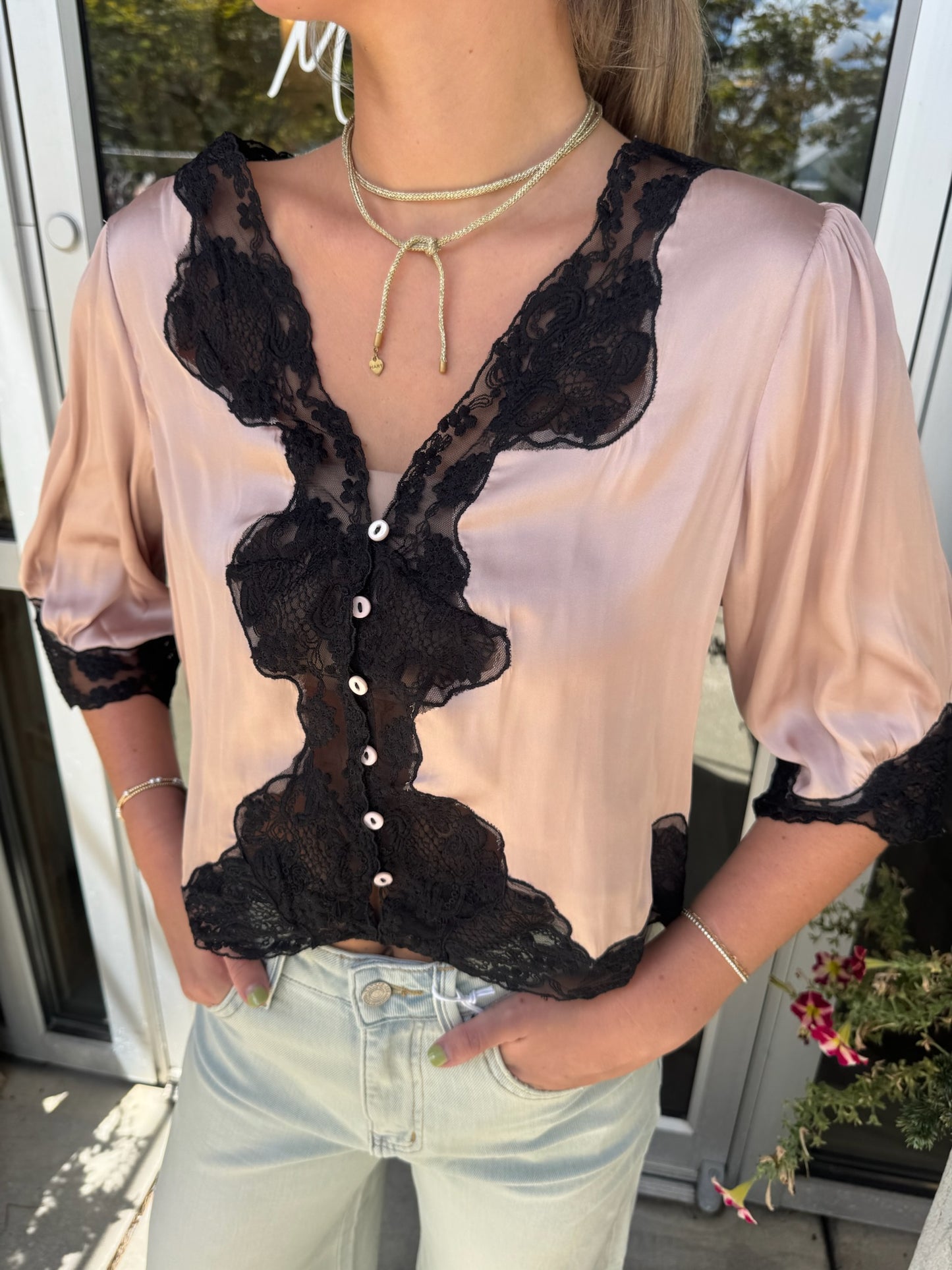 Pink Lace Trim Blouse
