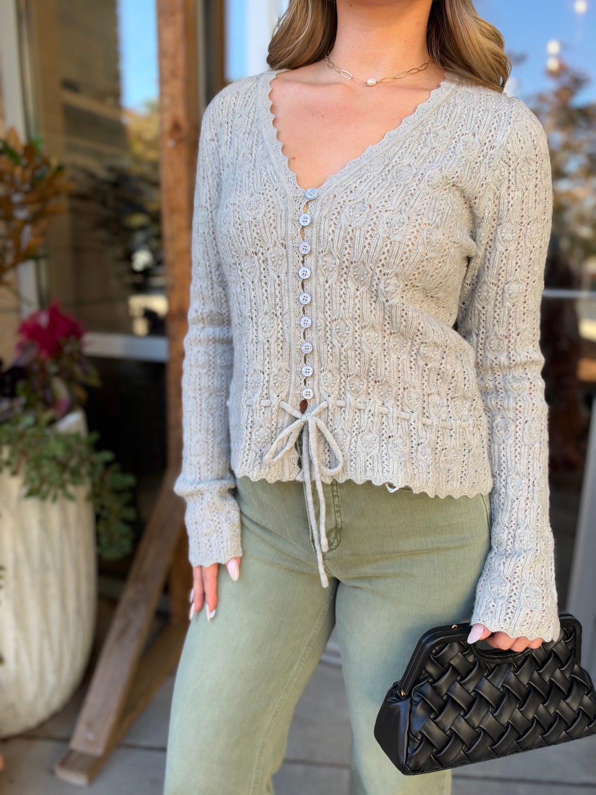 Light Grey Lace Knit Drawstring Cardigan