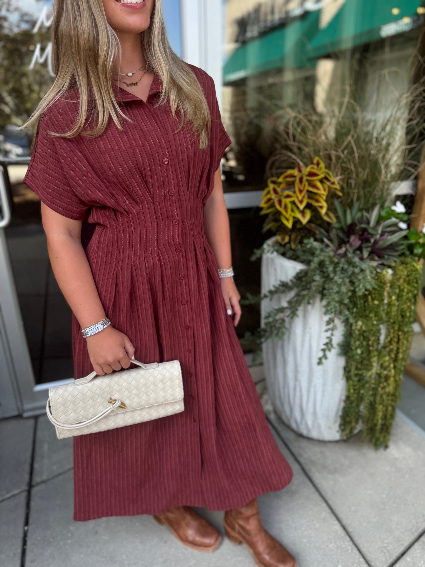 Cinched Waist Striped Midi Dress