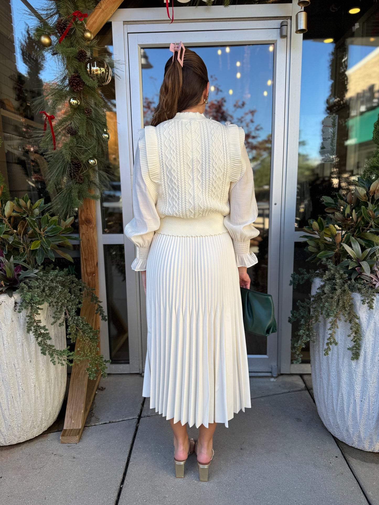 Cable Knit Sweater With Woven Sleeve