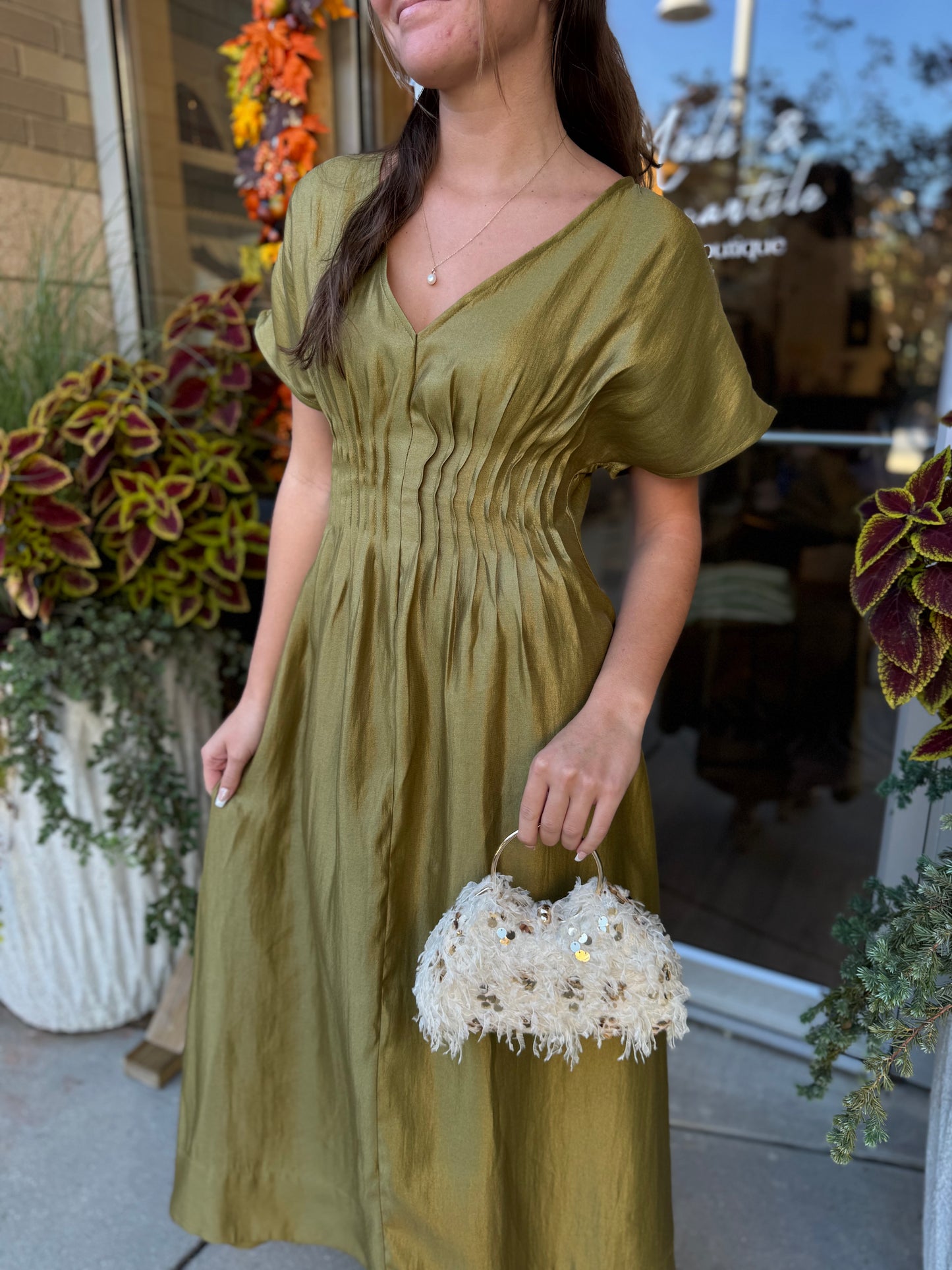 V Neck Pintuck Maxi Dress