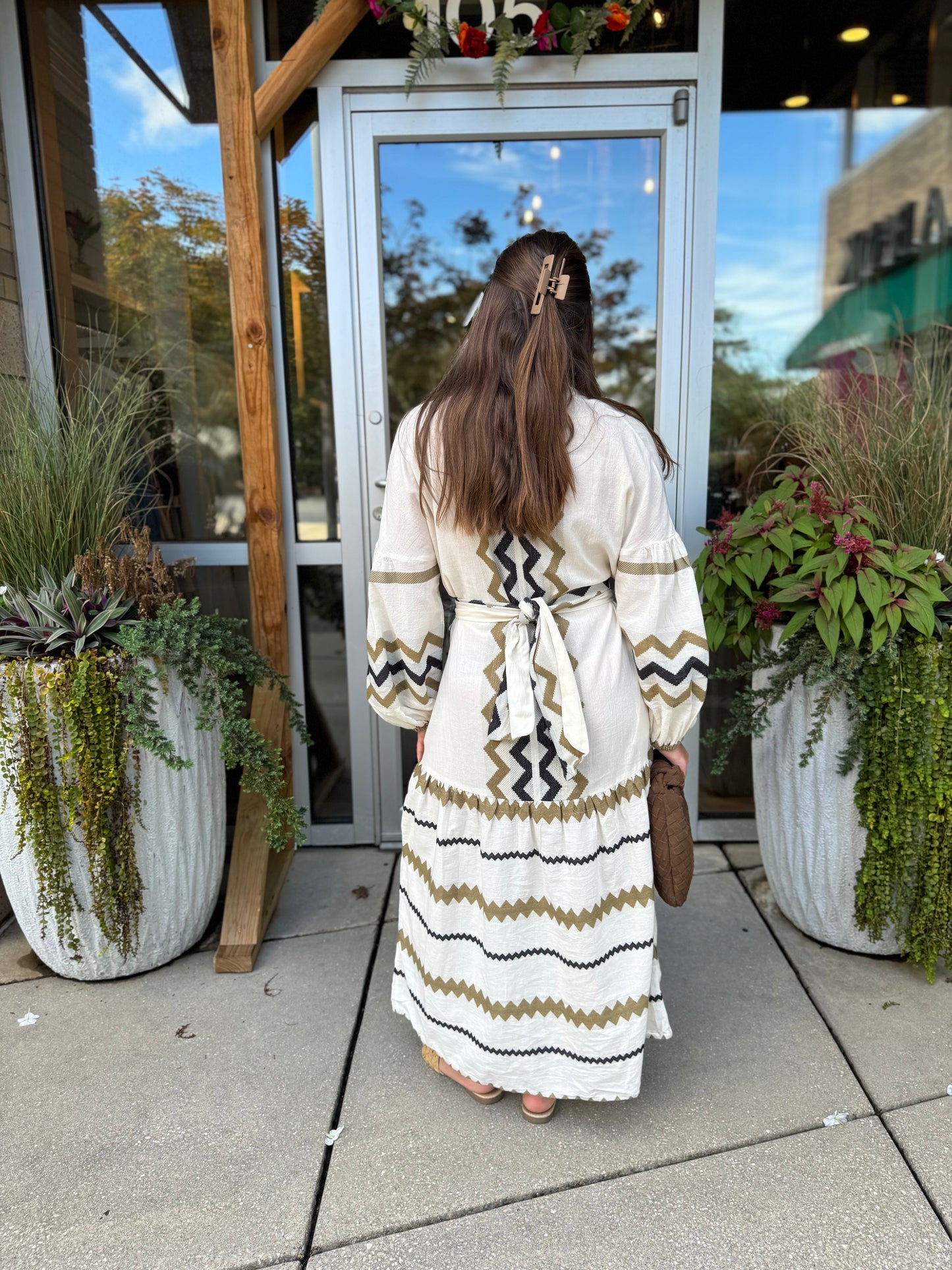 Split Neck Embroidered Midi Dress