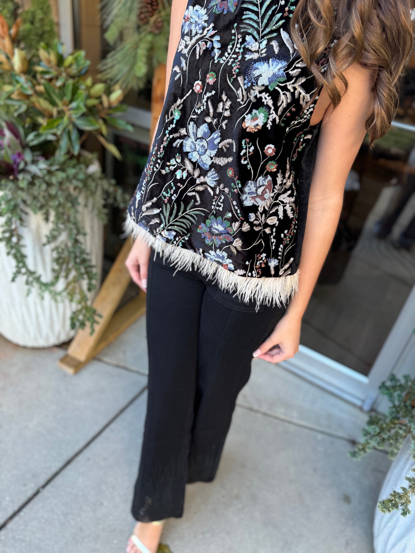 Sleeveless Feather Hem Top