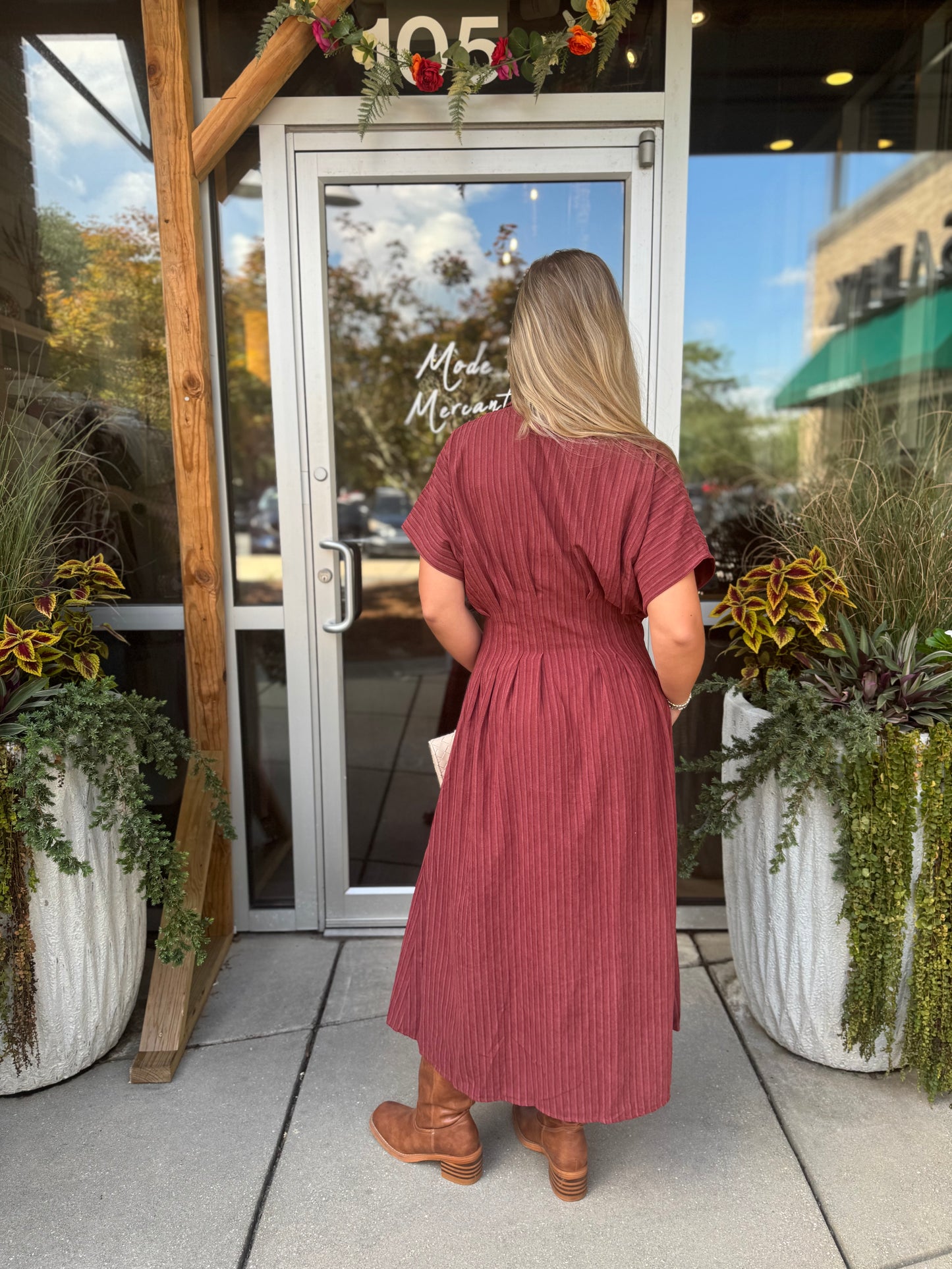Cinched Waist Striped Midi Dress