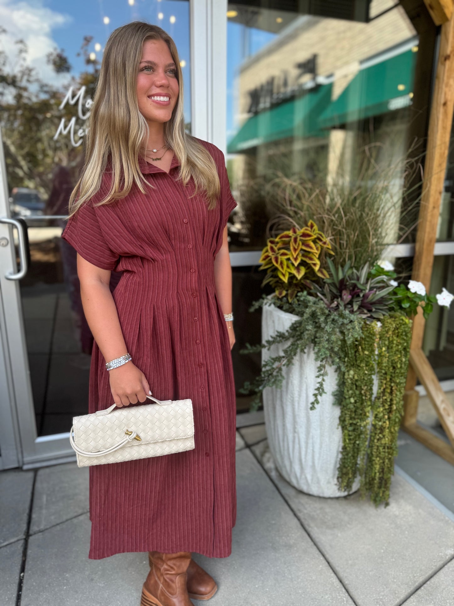 Cinched Waist Striped Midi Dress