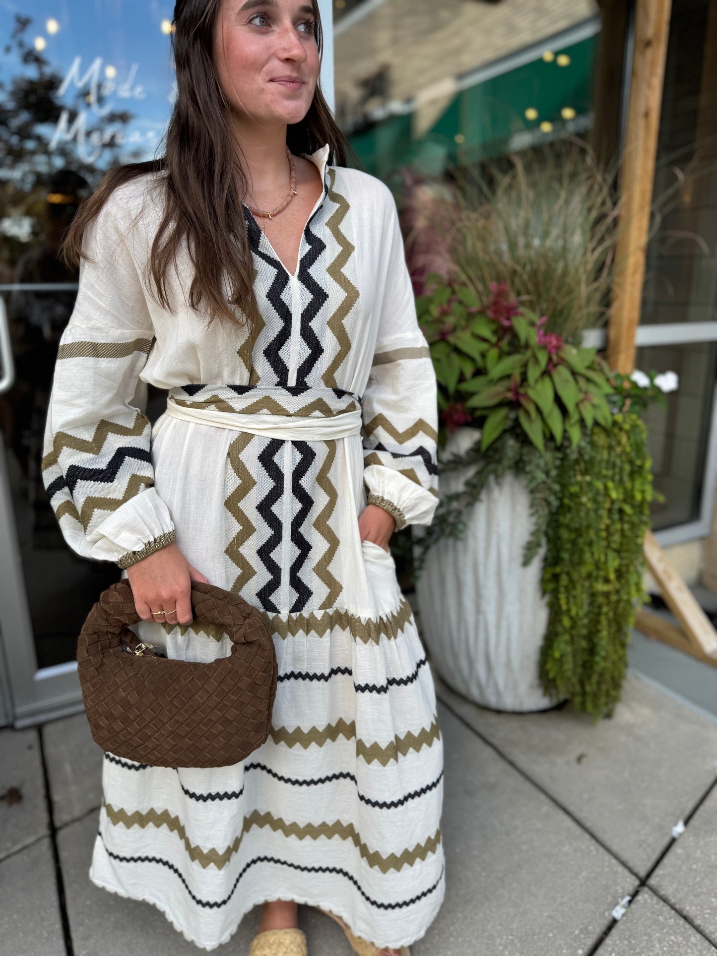 Split Neck Embroidered Midi Dress