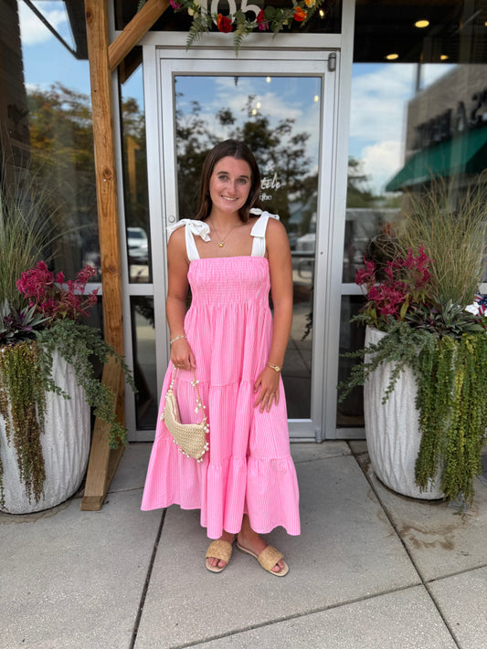 Coral Stripe Midi Dress