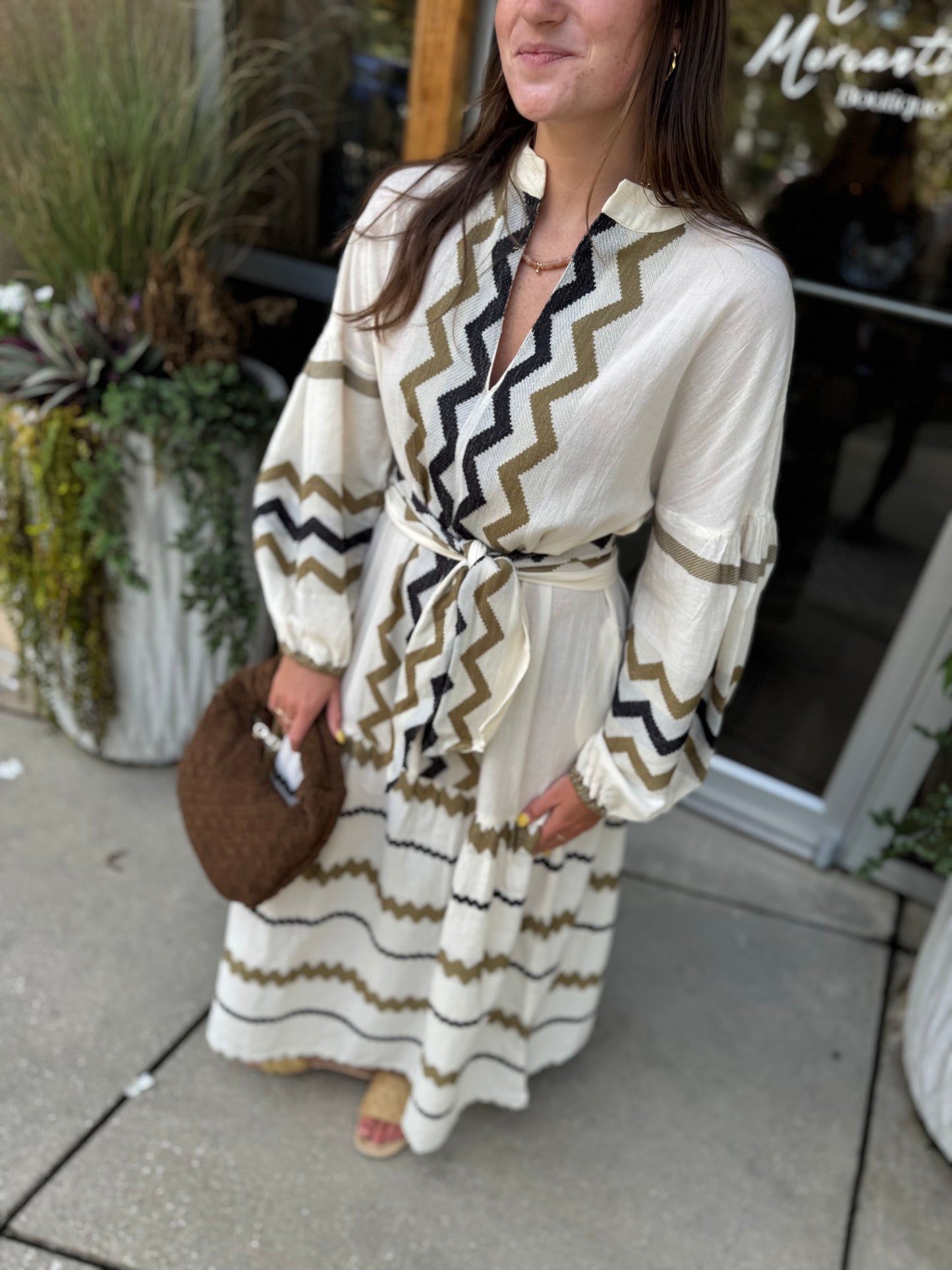 Split Neck Embroidered Midi Dress