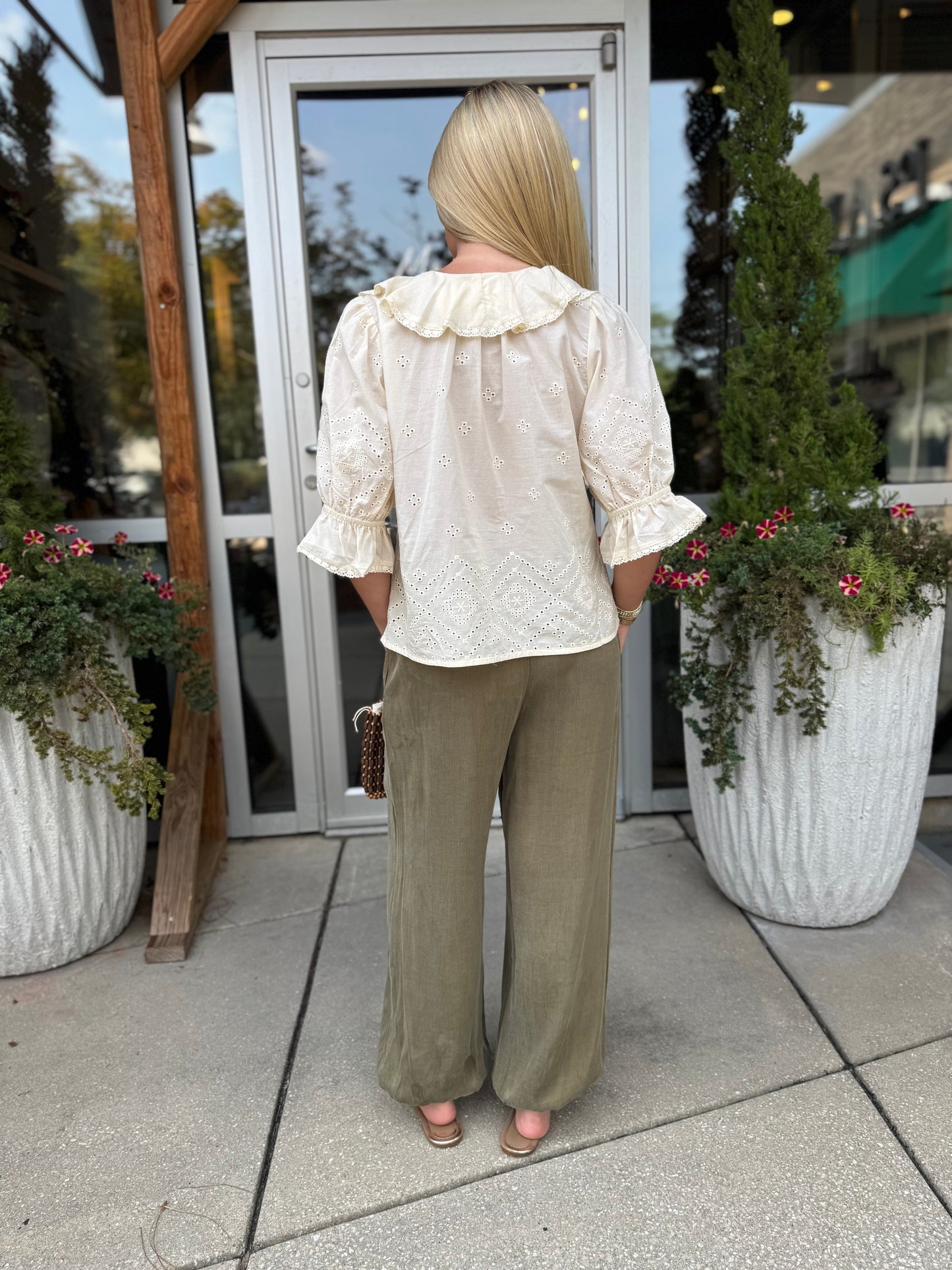 Eyelet Ruffle Front Blouse