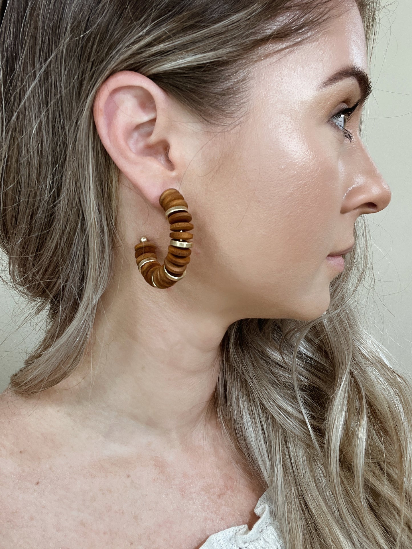 Wood and Gold Disk Hoop Earrings