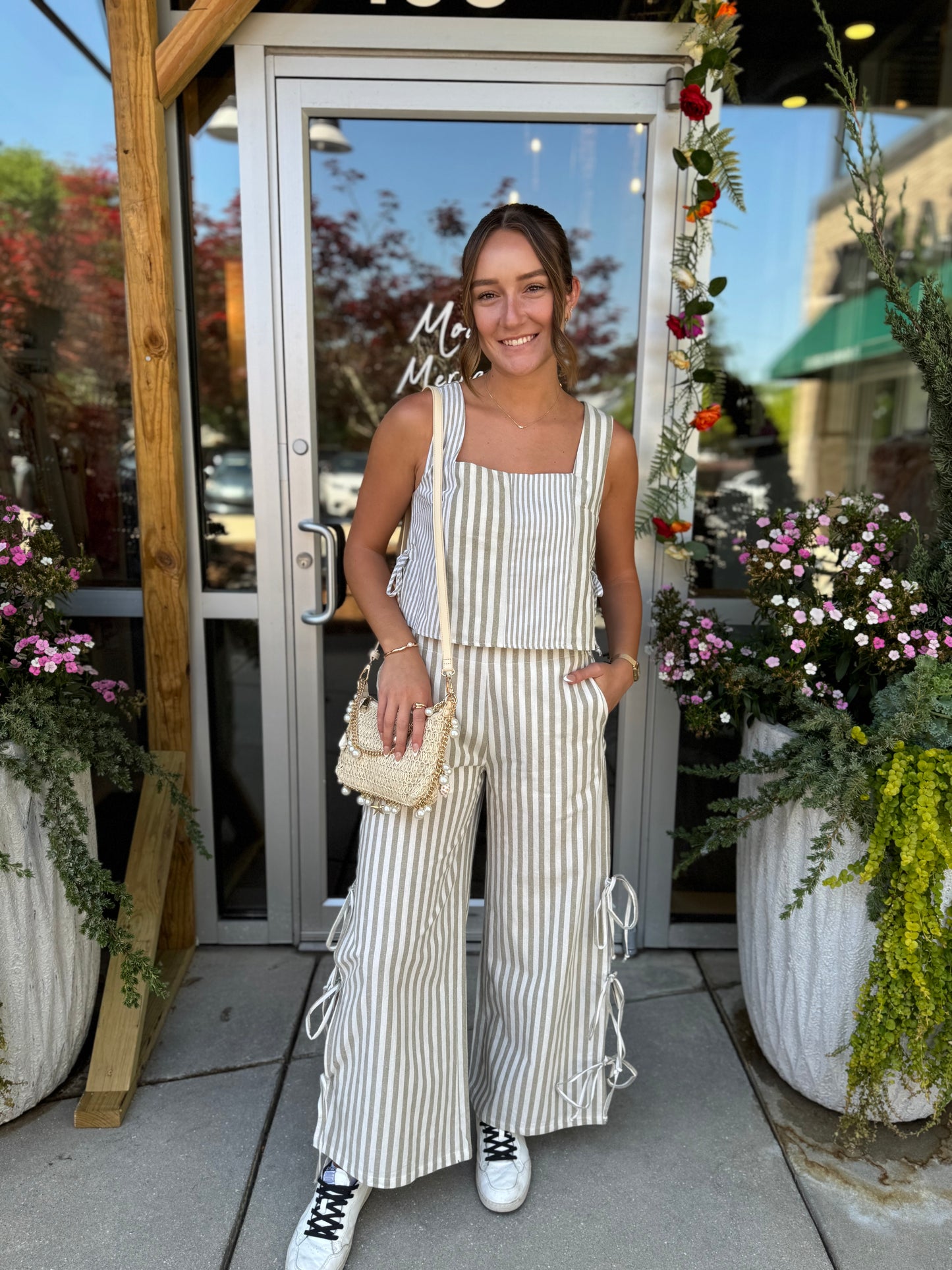 Mixed Stripe Tie Detail Pants