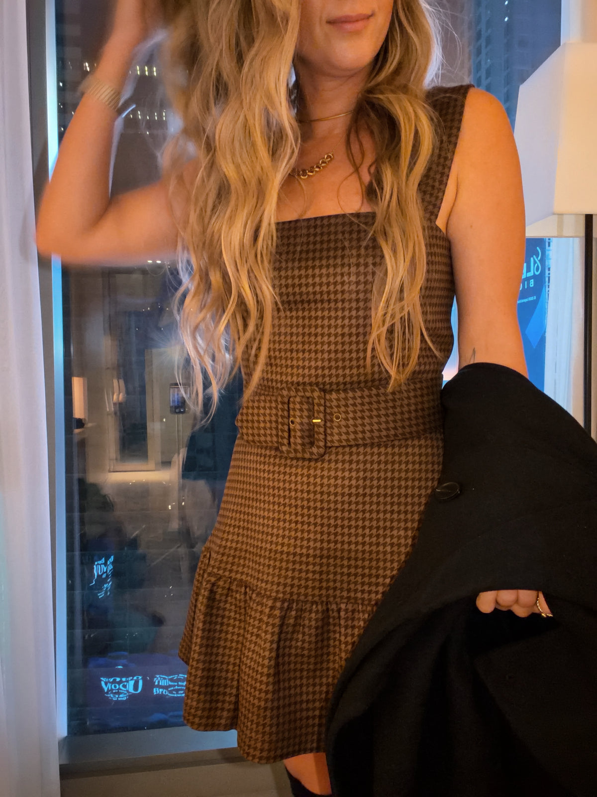 Espresso Check Belted Mini Dress