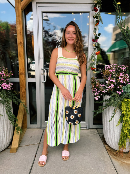 Multi Green Crochet Midi Dress