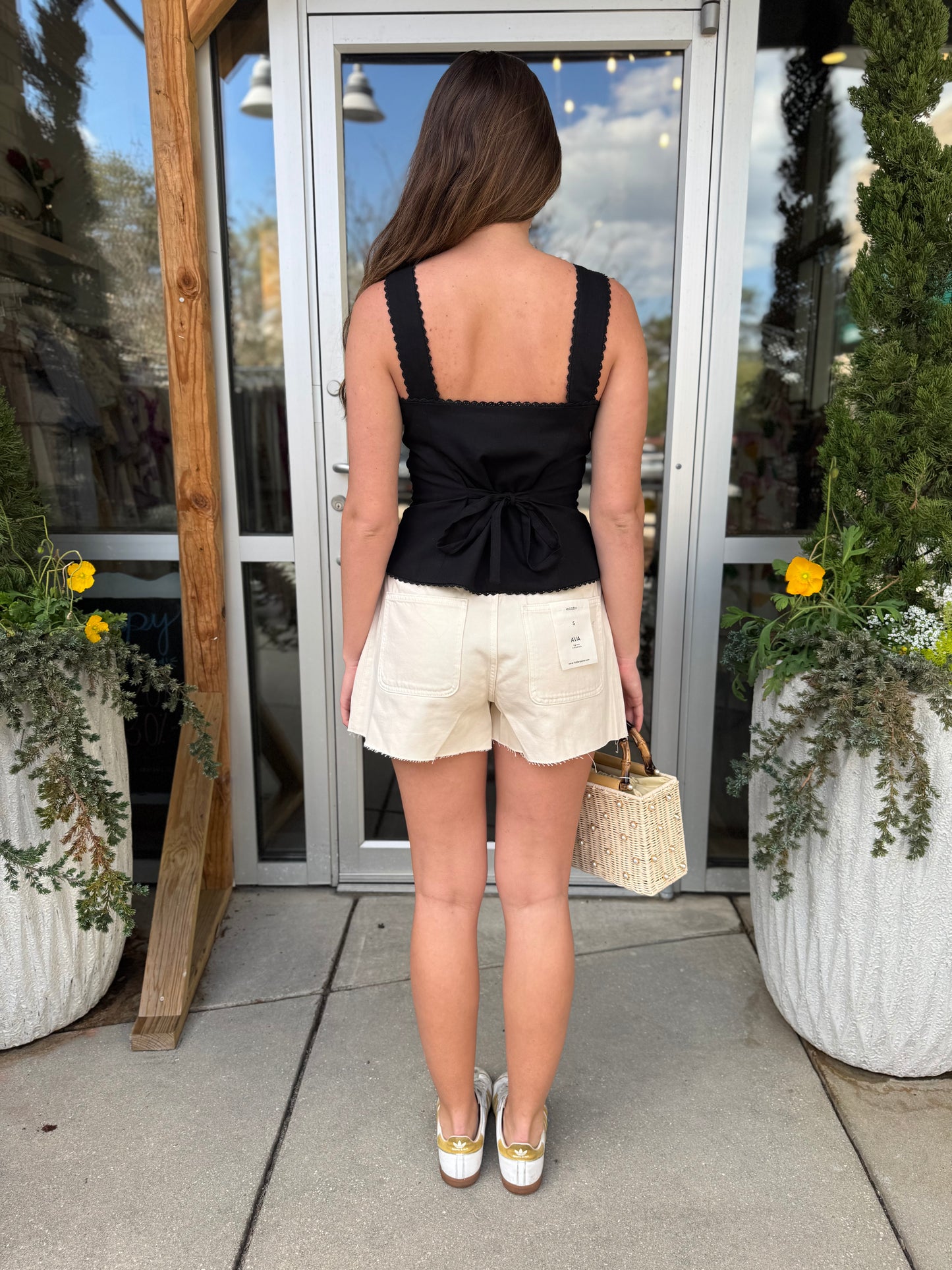 Black Lace Trim Linen Top