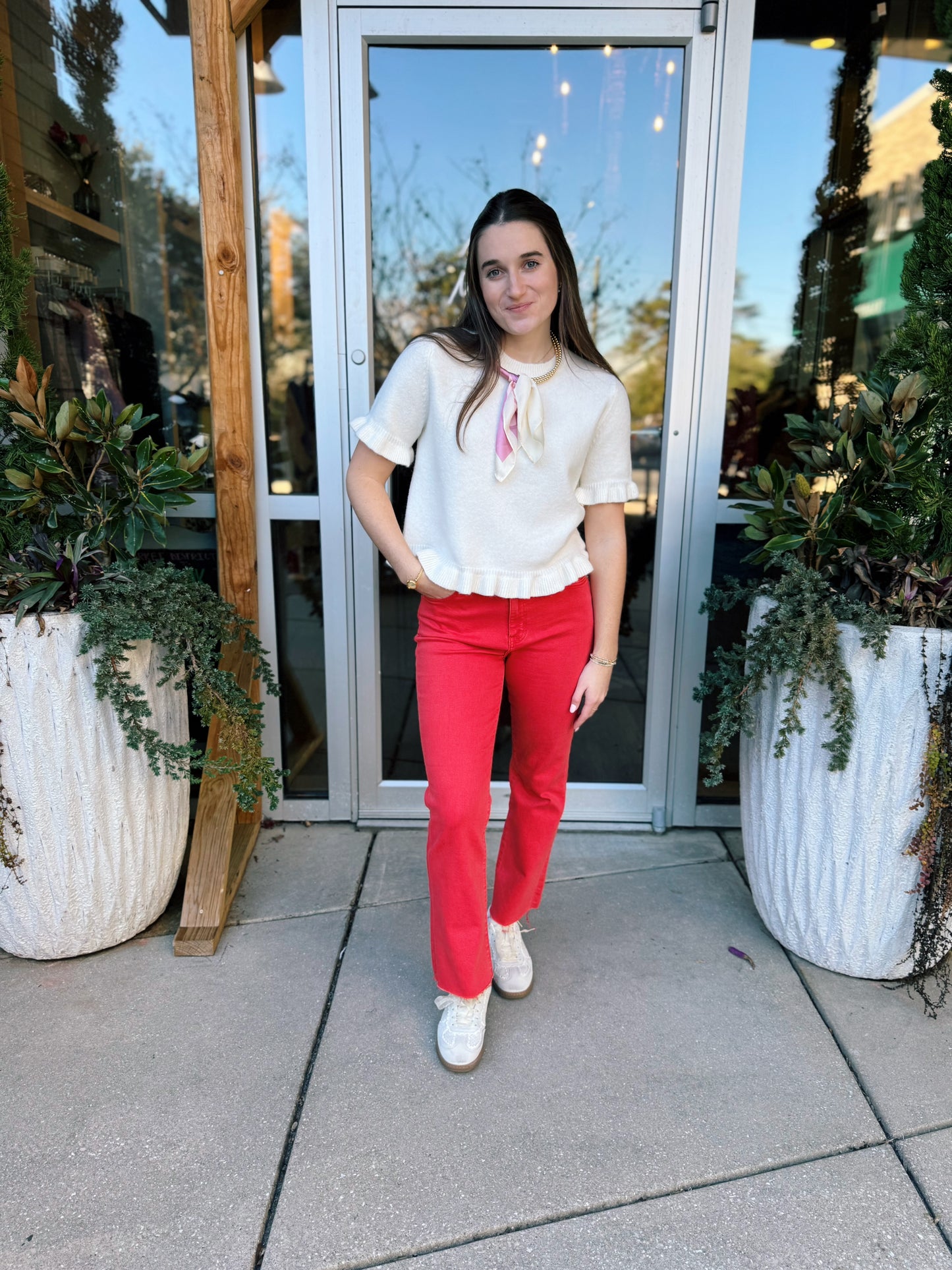 White Ruffle Hem Knit