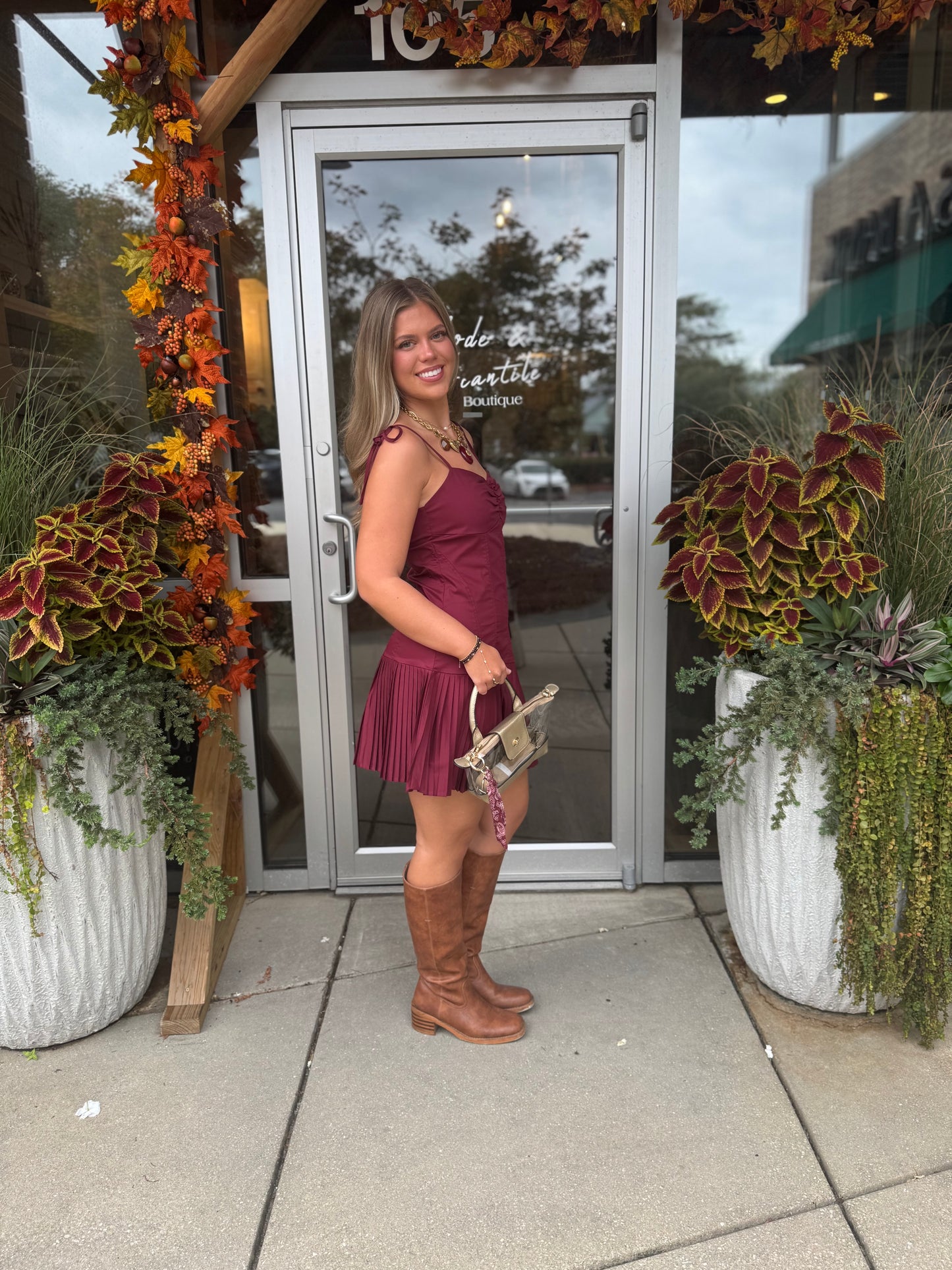 Tie Shoulder Pleated Dress
