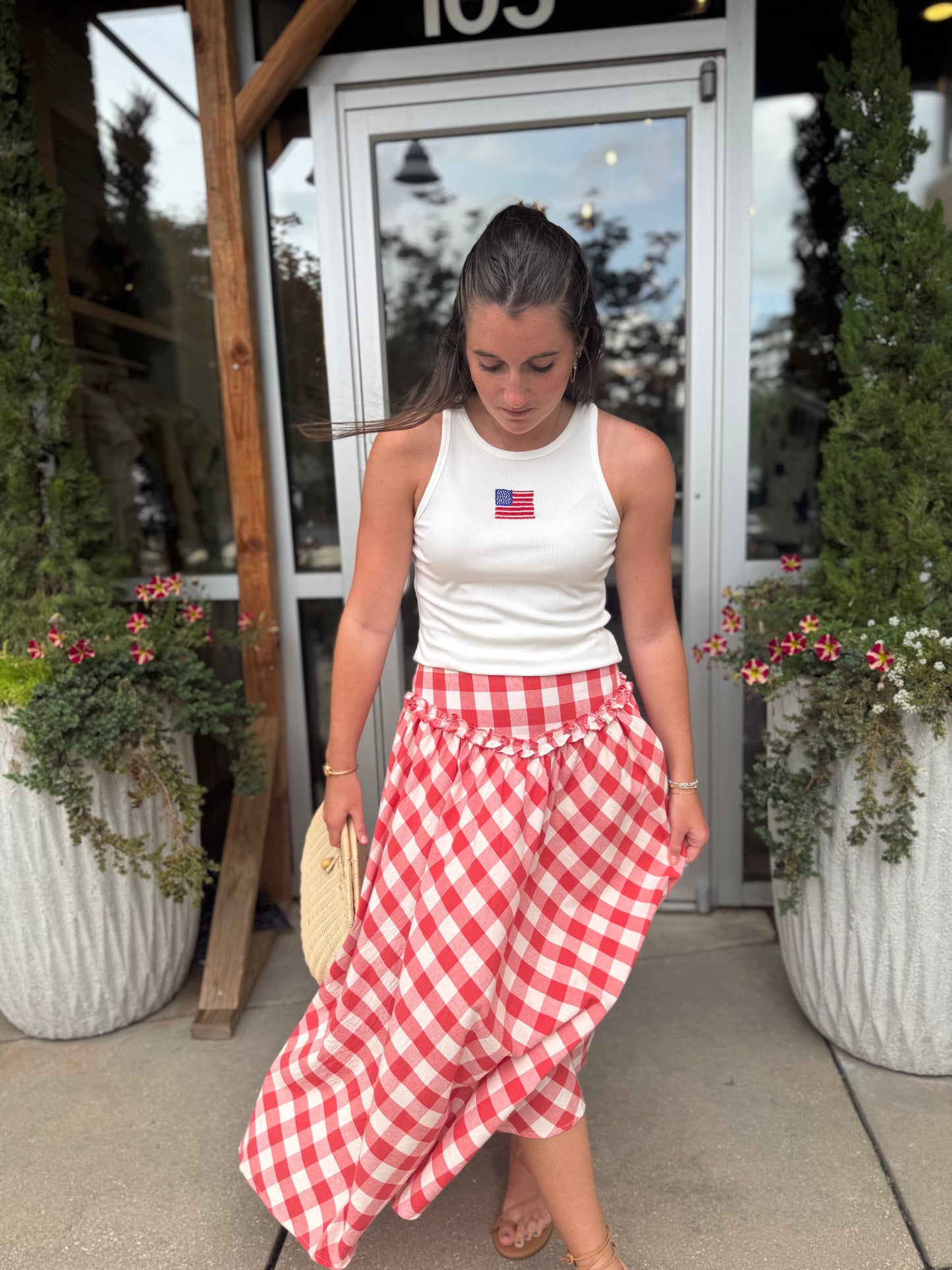 Gingham Drop Waist Midi Skirt