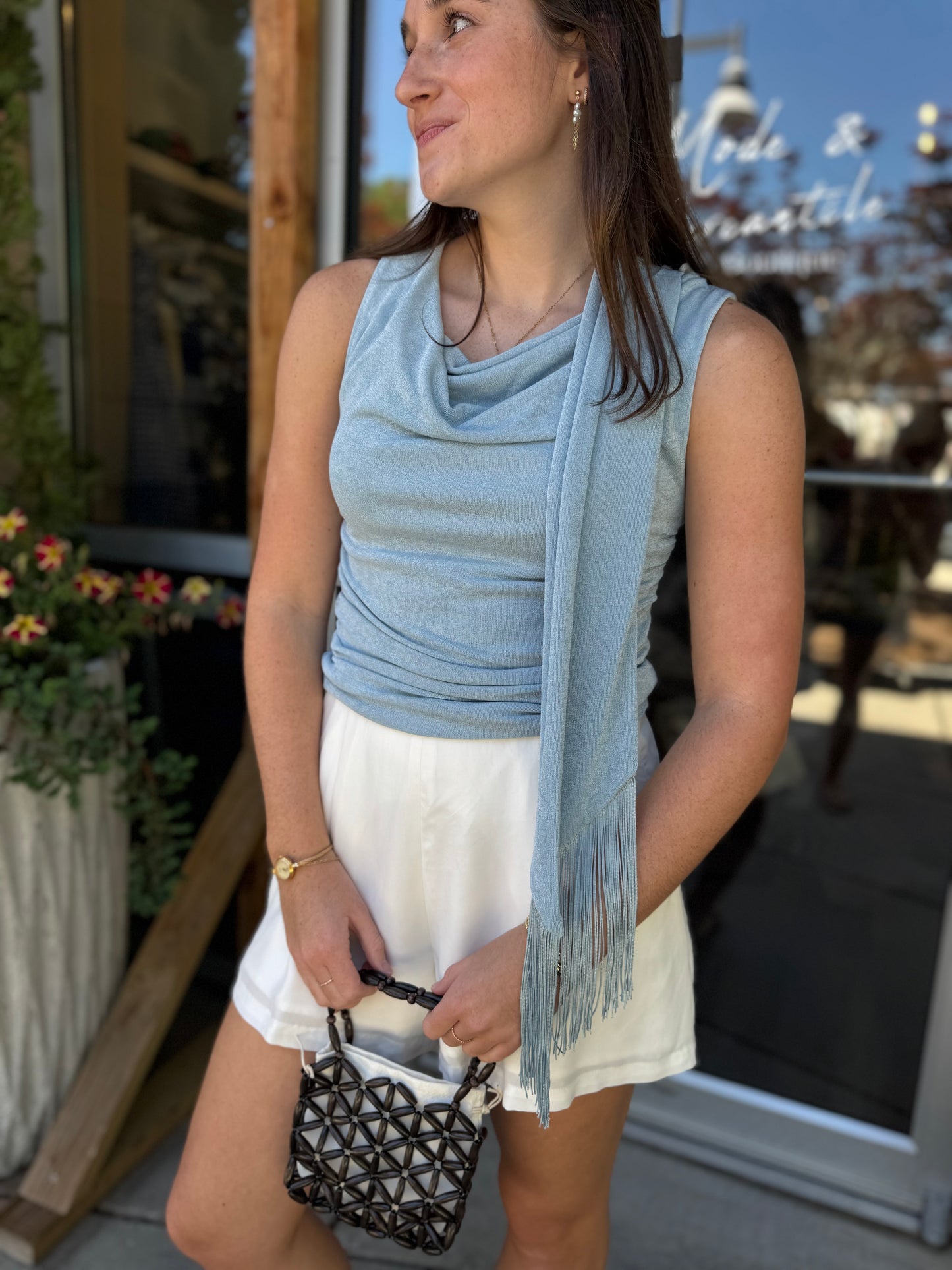 Blue Fringe Trim Blouse
