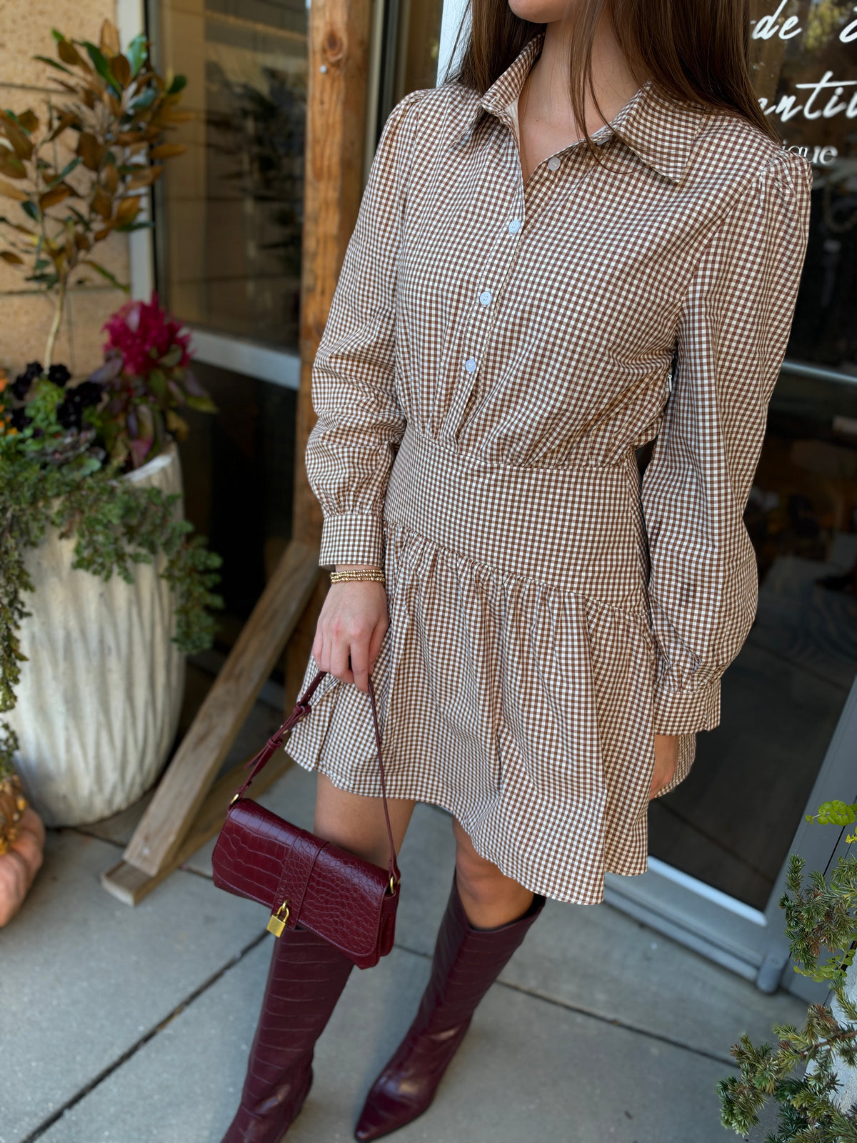 Basque Waist Gingham Shirt Dress