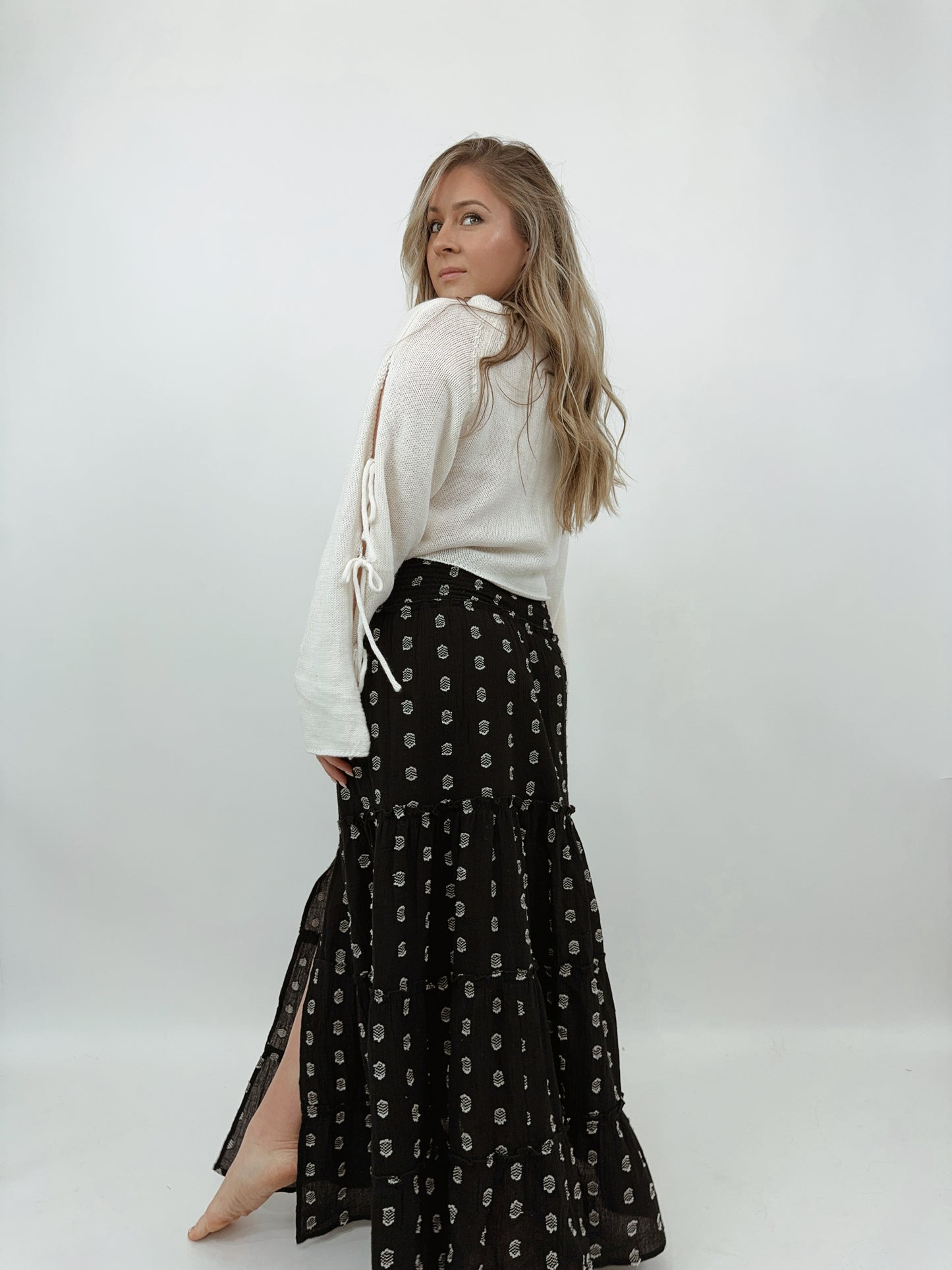 Embroidered Smocked Maxi Skirt