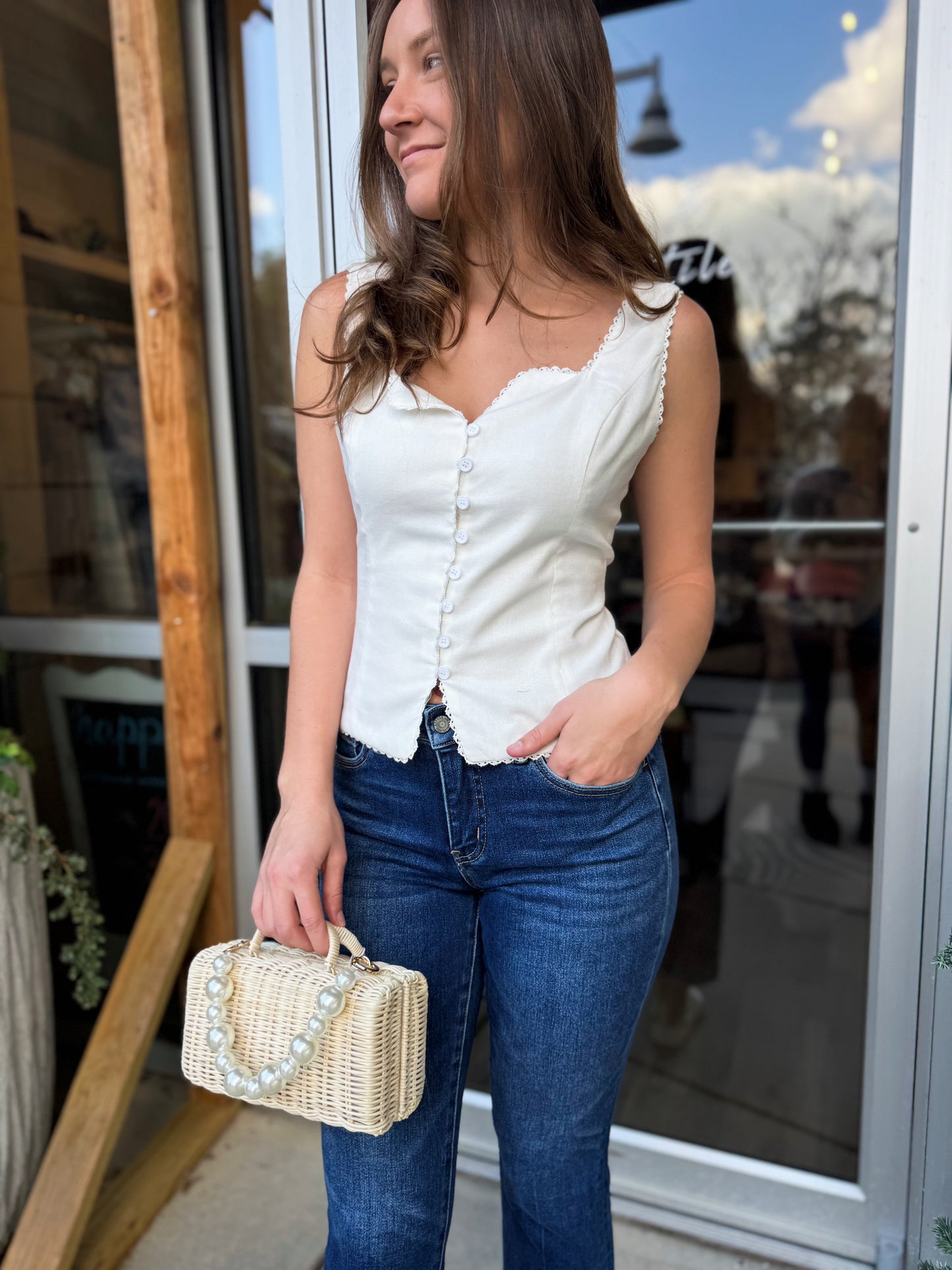 White Lace Trim Linen Top