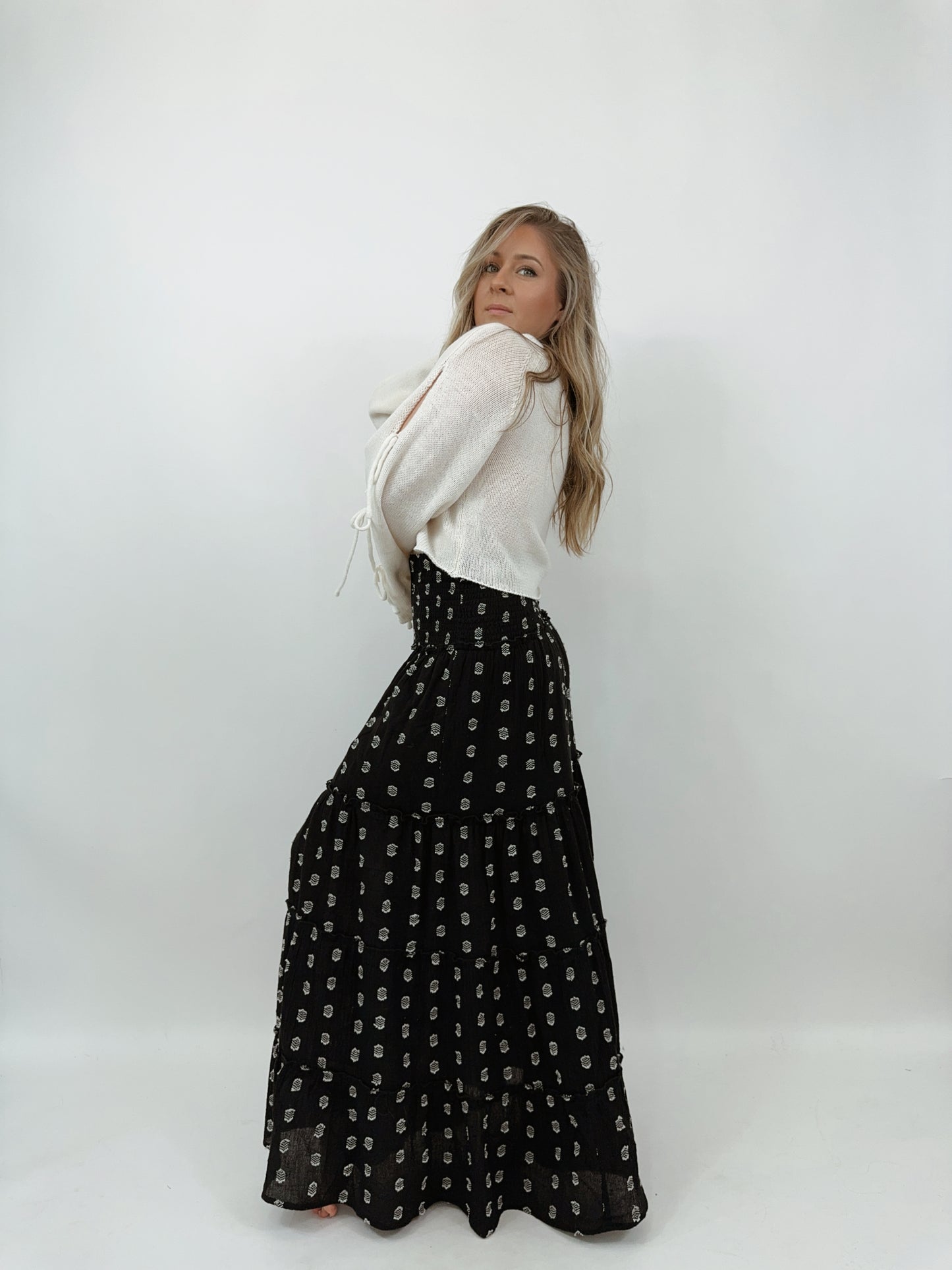 Embroidered Smocked Maxi Skirt