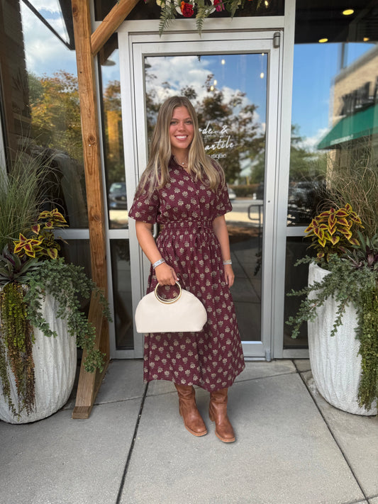 Maroon Print Midi Dress