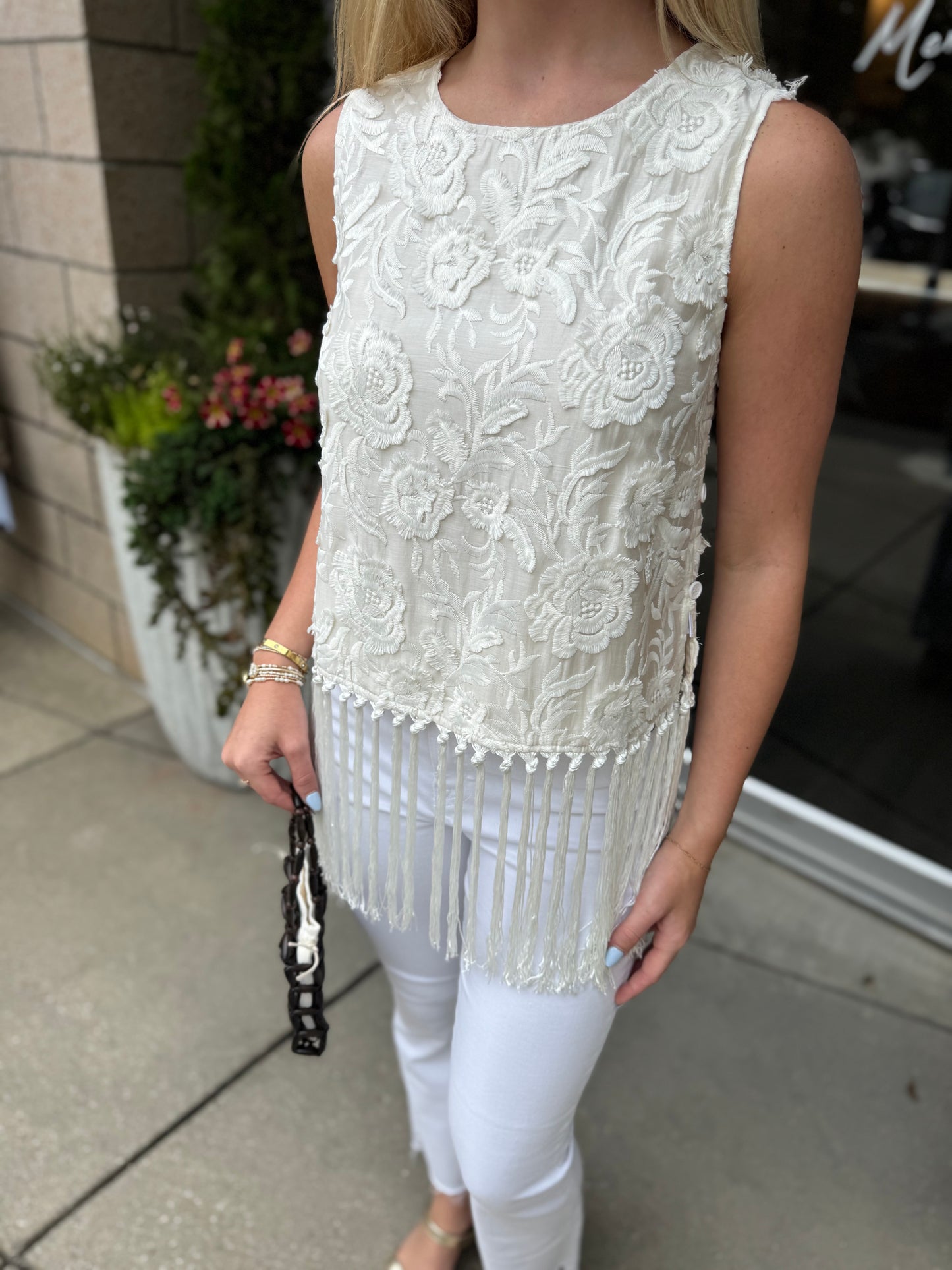 Fringe Hem Embroidered Blouse
