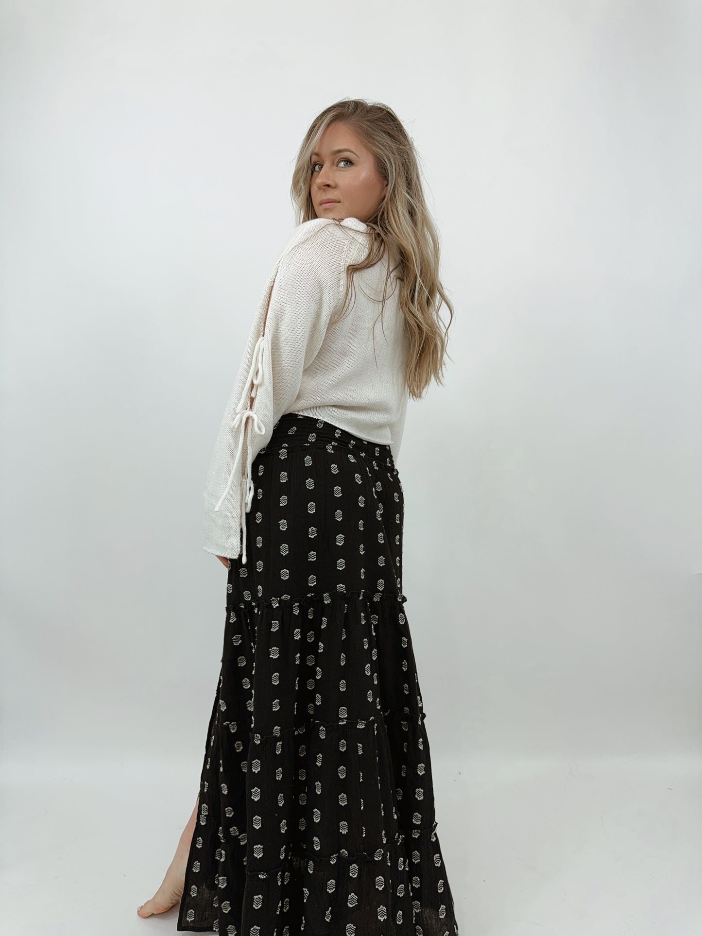 Embroidered Smocked Maxi Skirt