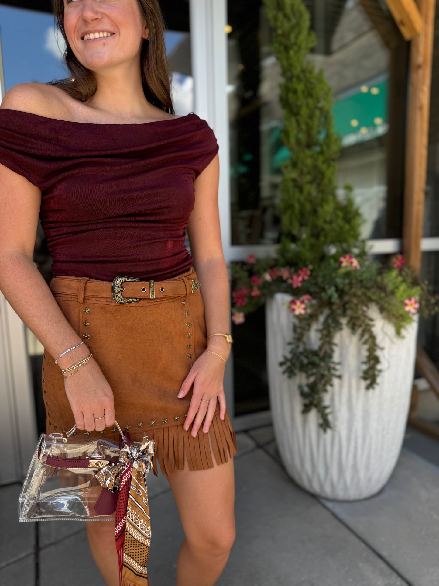 Faux Suede Fringe Skirt