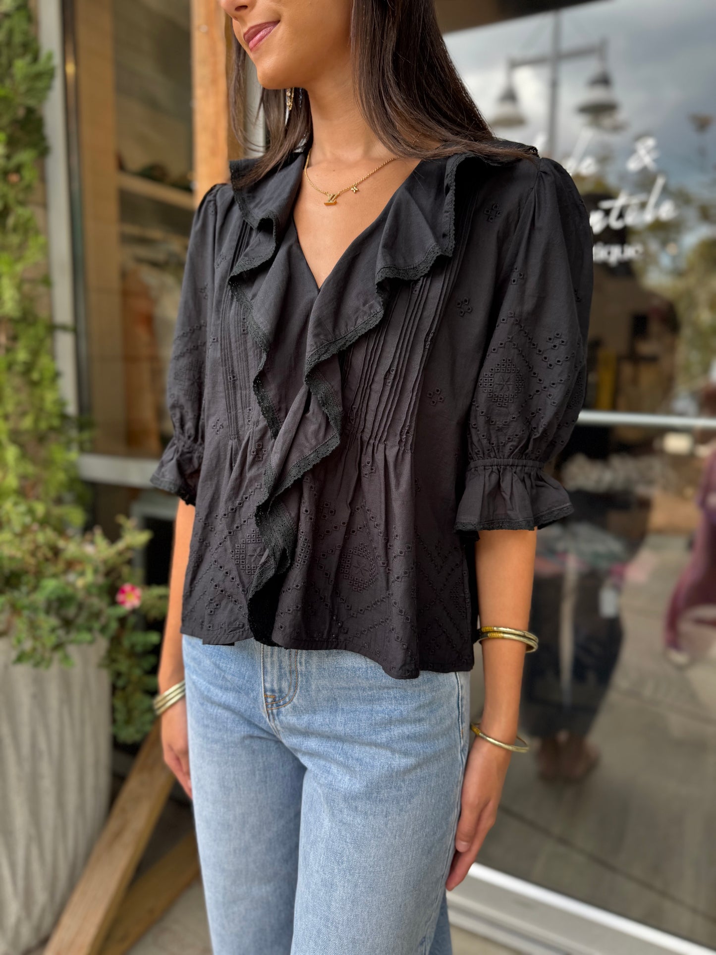 Black Eyelet Ruffle Blouse
