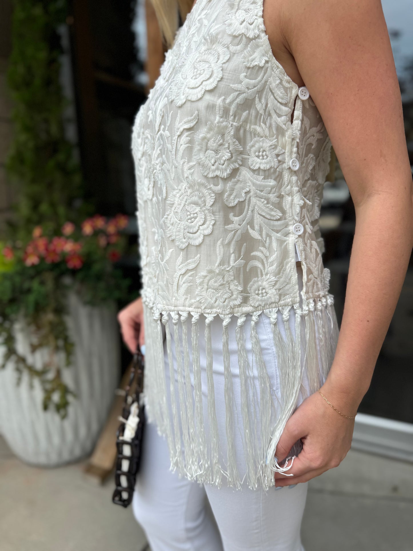Fringe Hem Embroidered Blouse