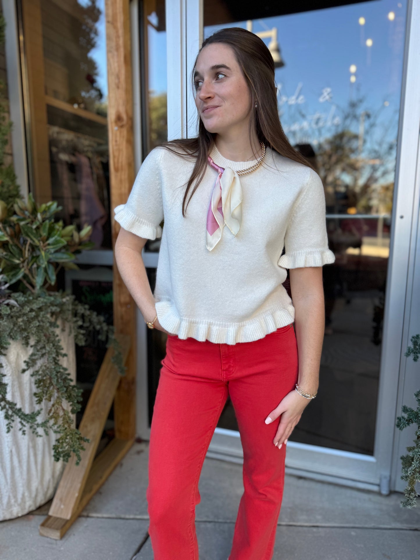 White Ruffle Hem Knit