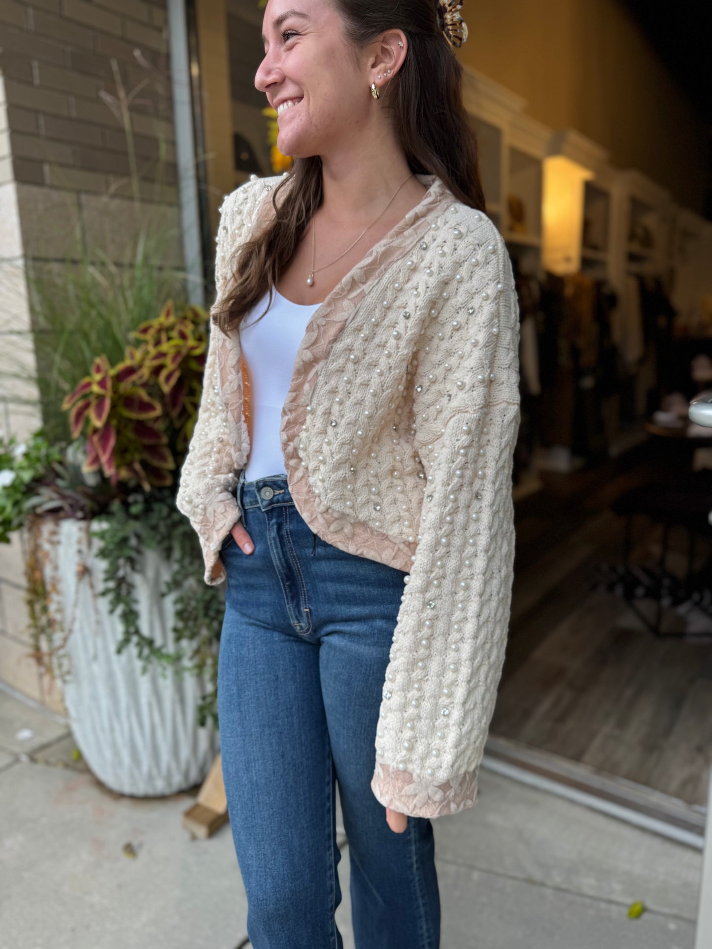 Contrast Pearl Cardigan