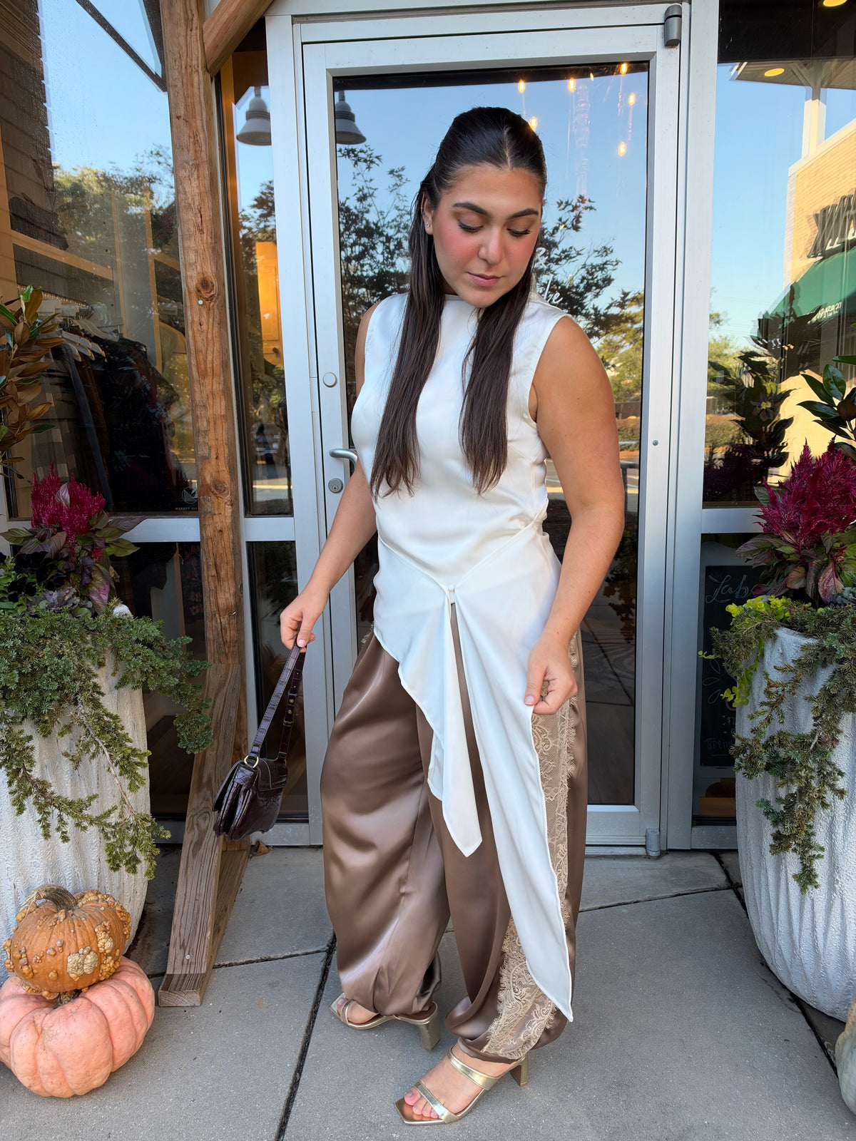 Ivory mockneck draped wrap top, alternate view