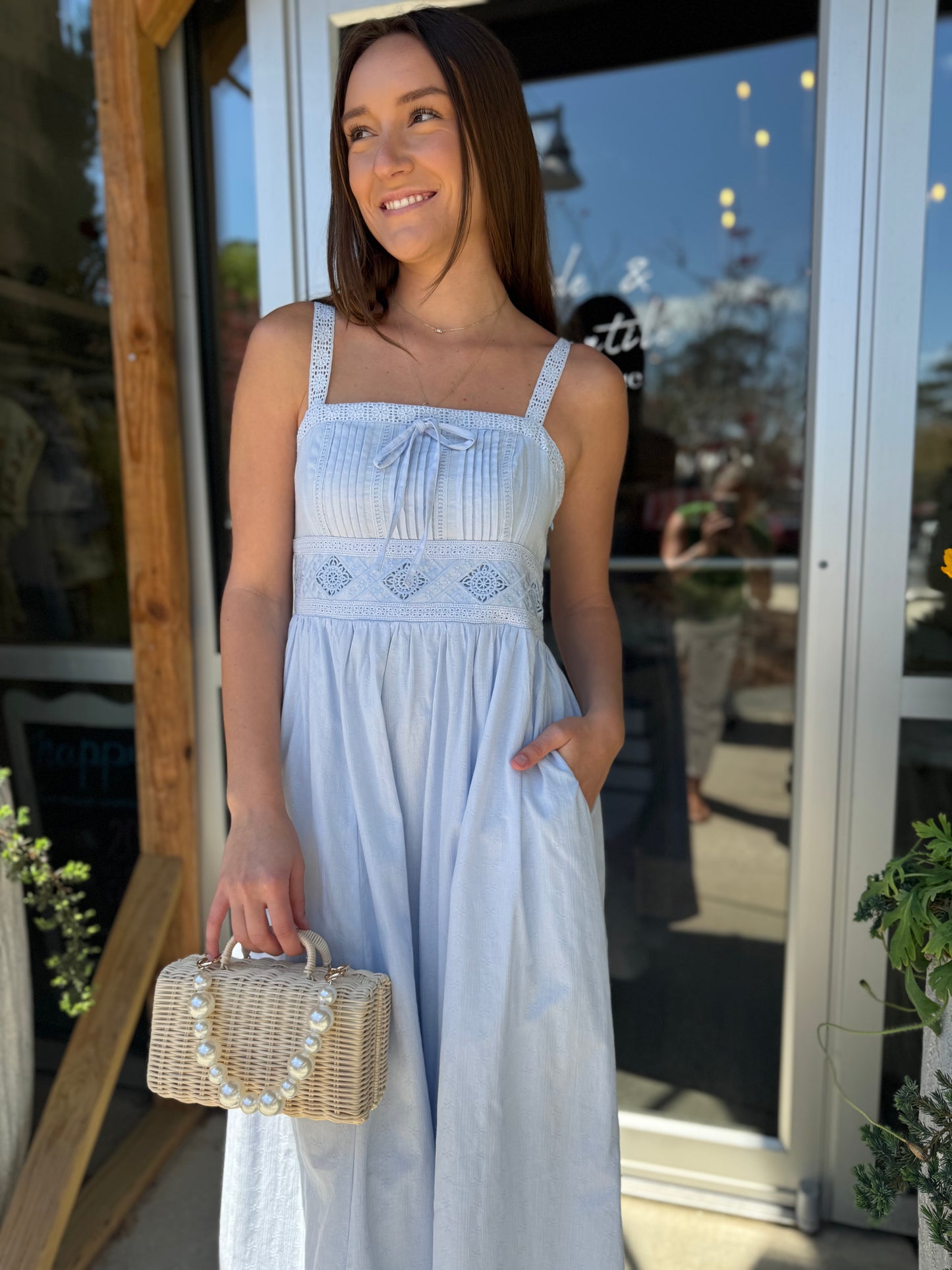 Pintuck Lace Strap Maxi Dress