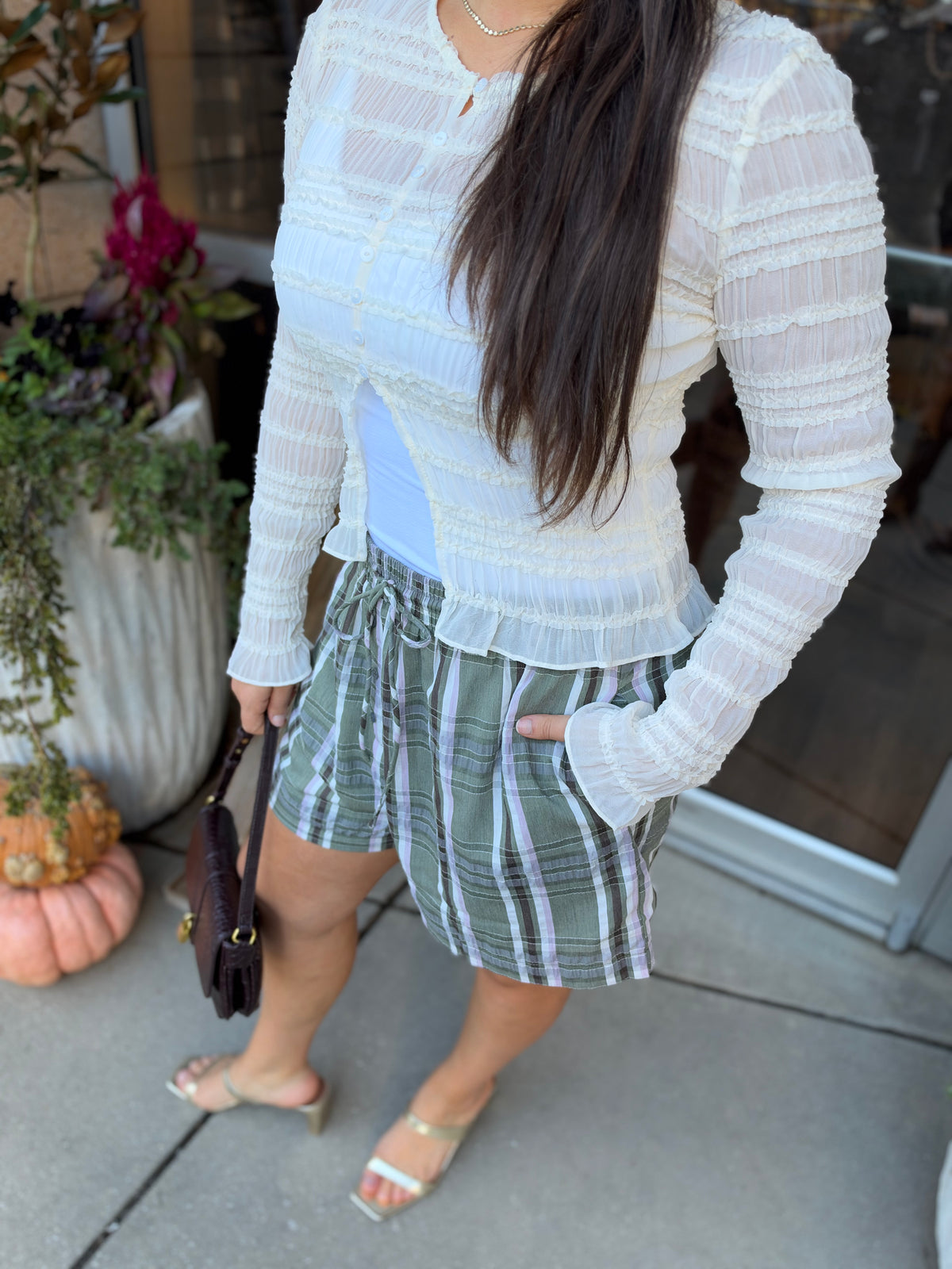 Cream long sleeve top with frill detail, alternate view