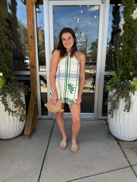 Printed Linen Halter Romper