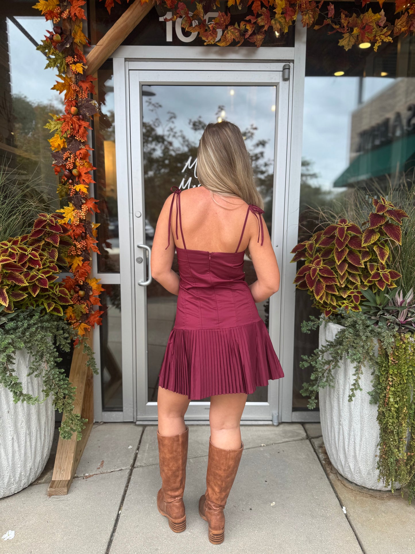 Tie Shoulder Pleated Dress