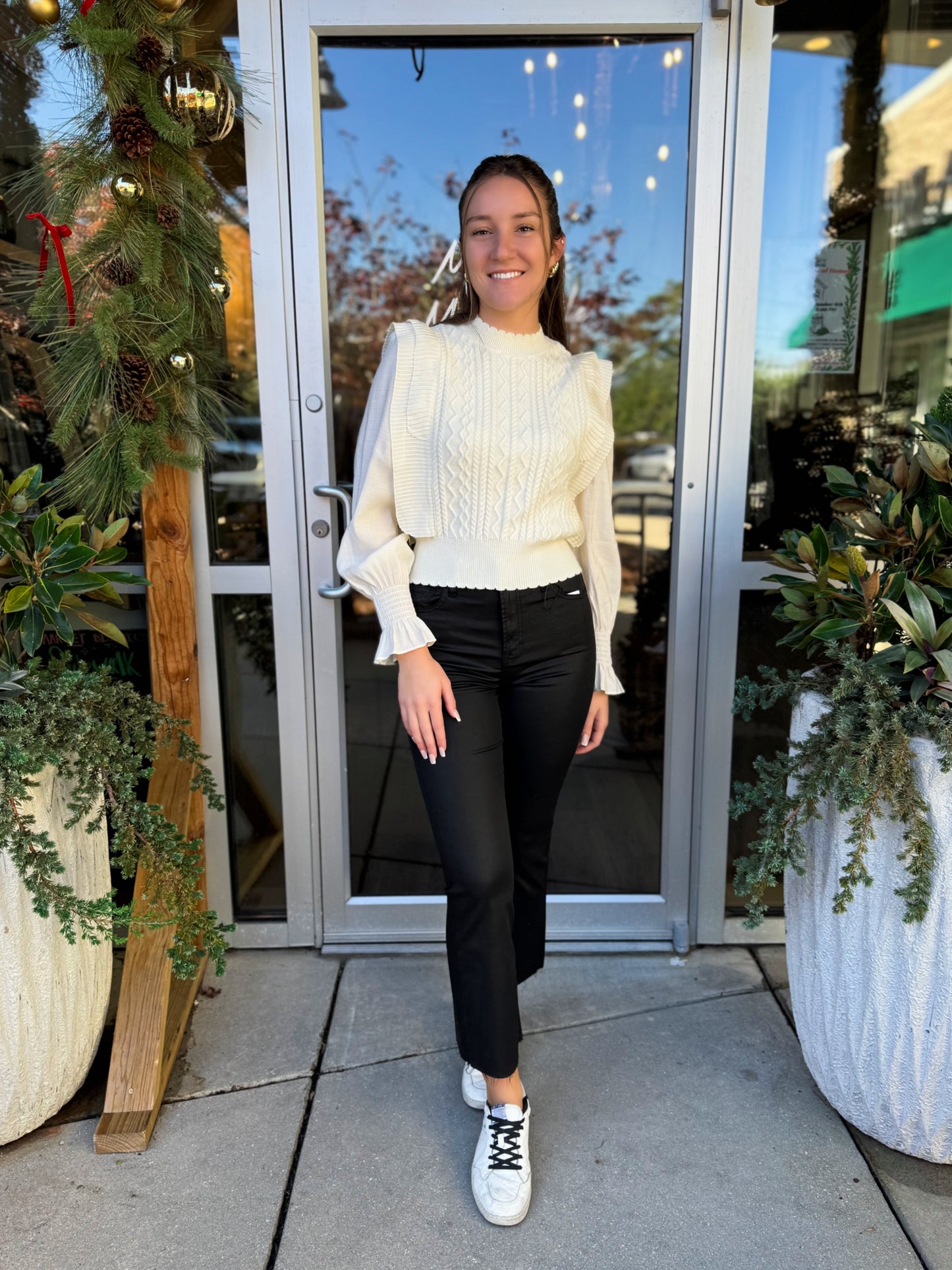 Cable Knit Sweater With Woven Sleeve