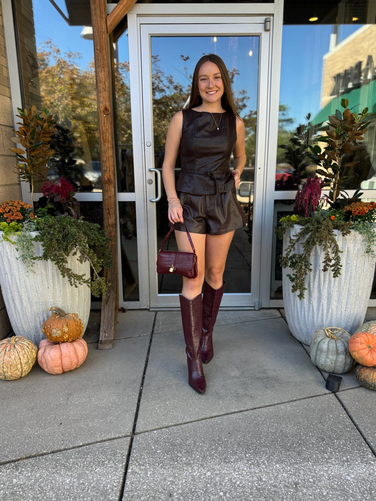 Chocolate Belted Faux Leather Top